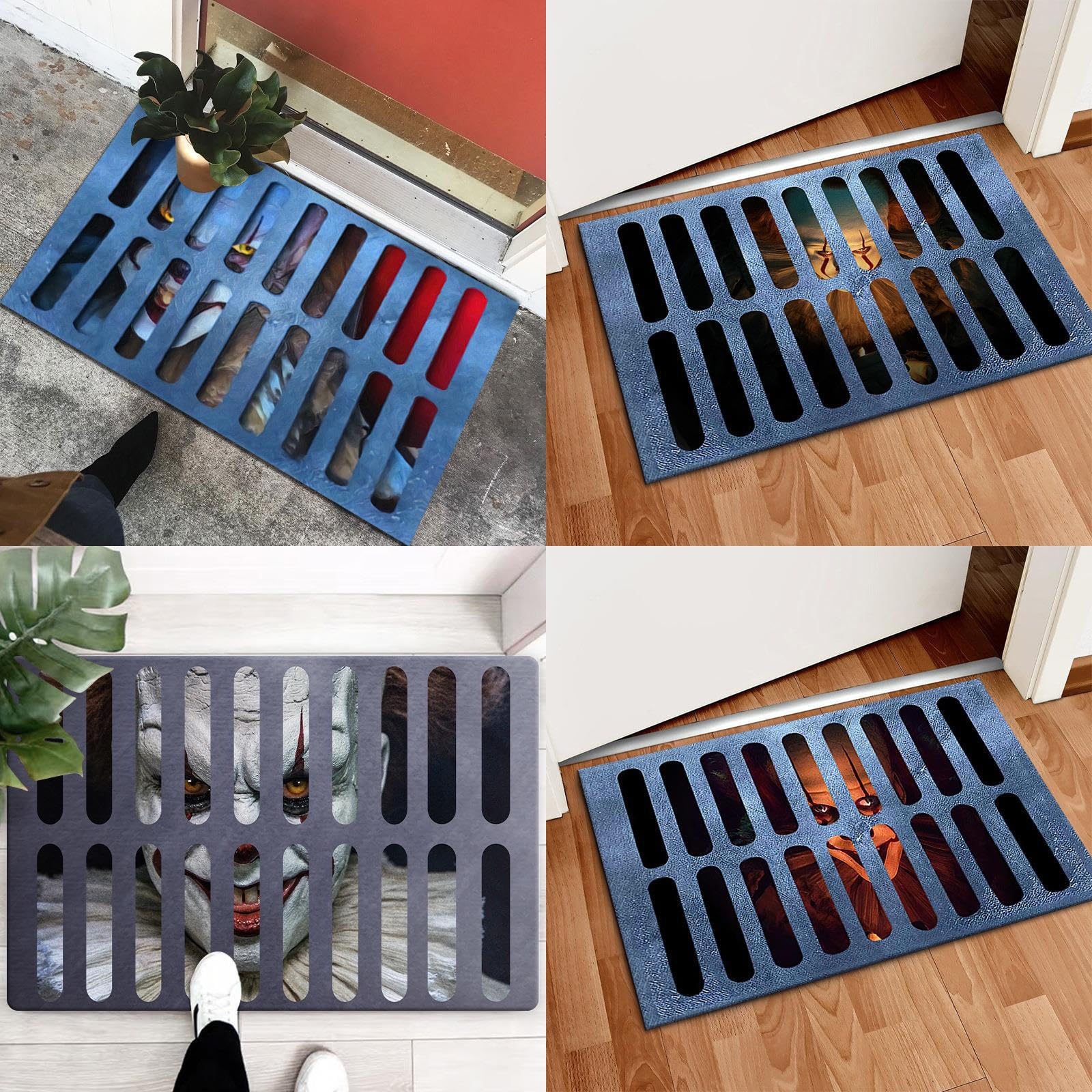 Photo 1 of 4PCS Halloween 3D Illusion Horror Clown Doormat,Halloween Clown Doormat Decorations,Halloween Non-Skid Doormat for Indoor and Outdoor Bedroom Bathroom Floor (15.7''x23.6''/40x60cm, Combi 1) 15.7''x23.6''/40x60cm Combi 1