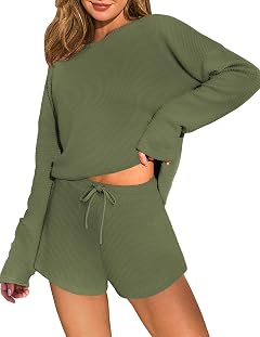 ELESOL Womens Waffle Knit Pajama Sets Long Sleeve Top and Shorts Matching 2 Piece Lounge Set Loungewear with
