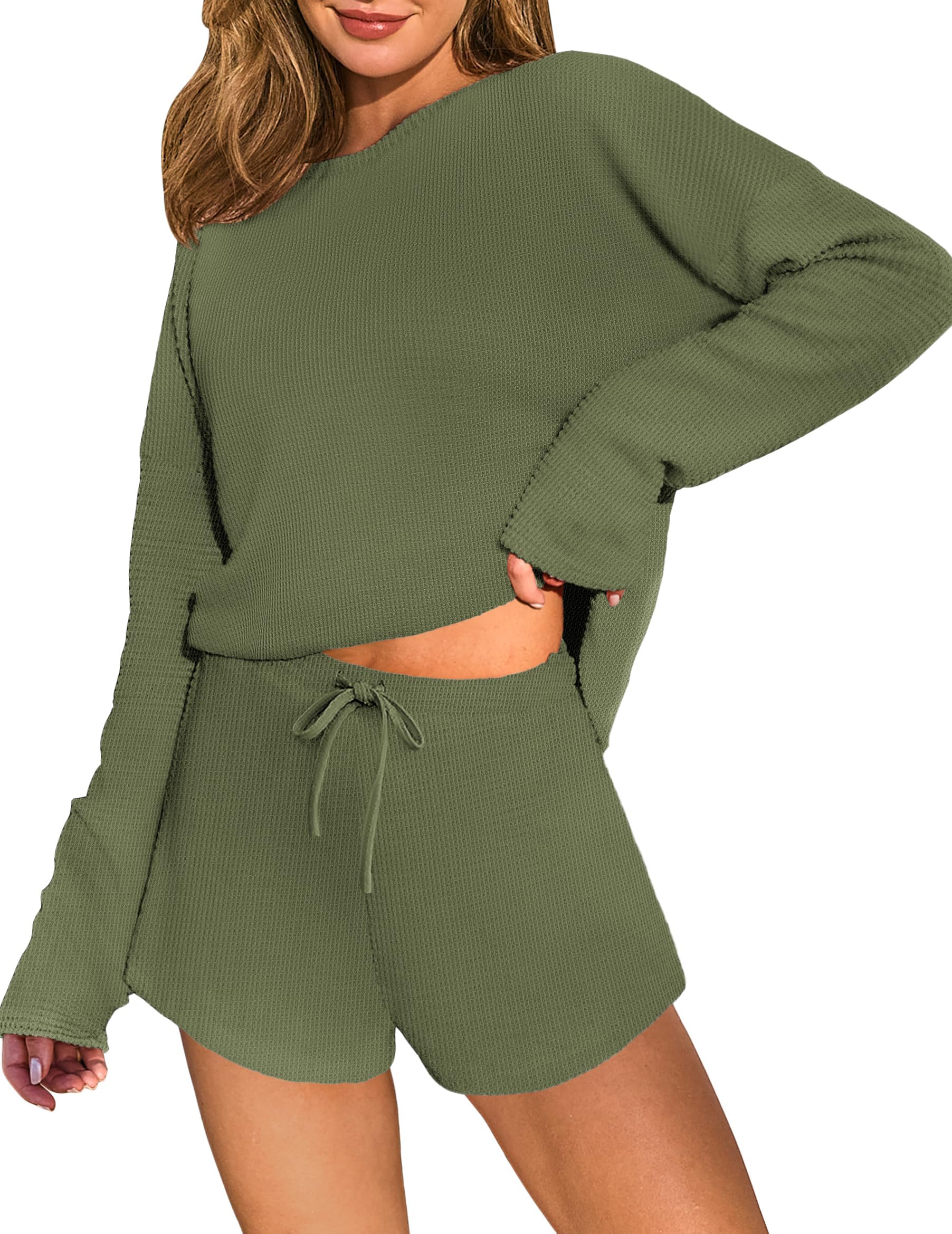 ELESOL Womens Waffle Knit Pajama Sets Long Sleeve Top and Shorts Matching 2 Piece Lounge Set Loungewear with