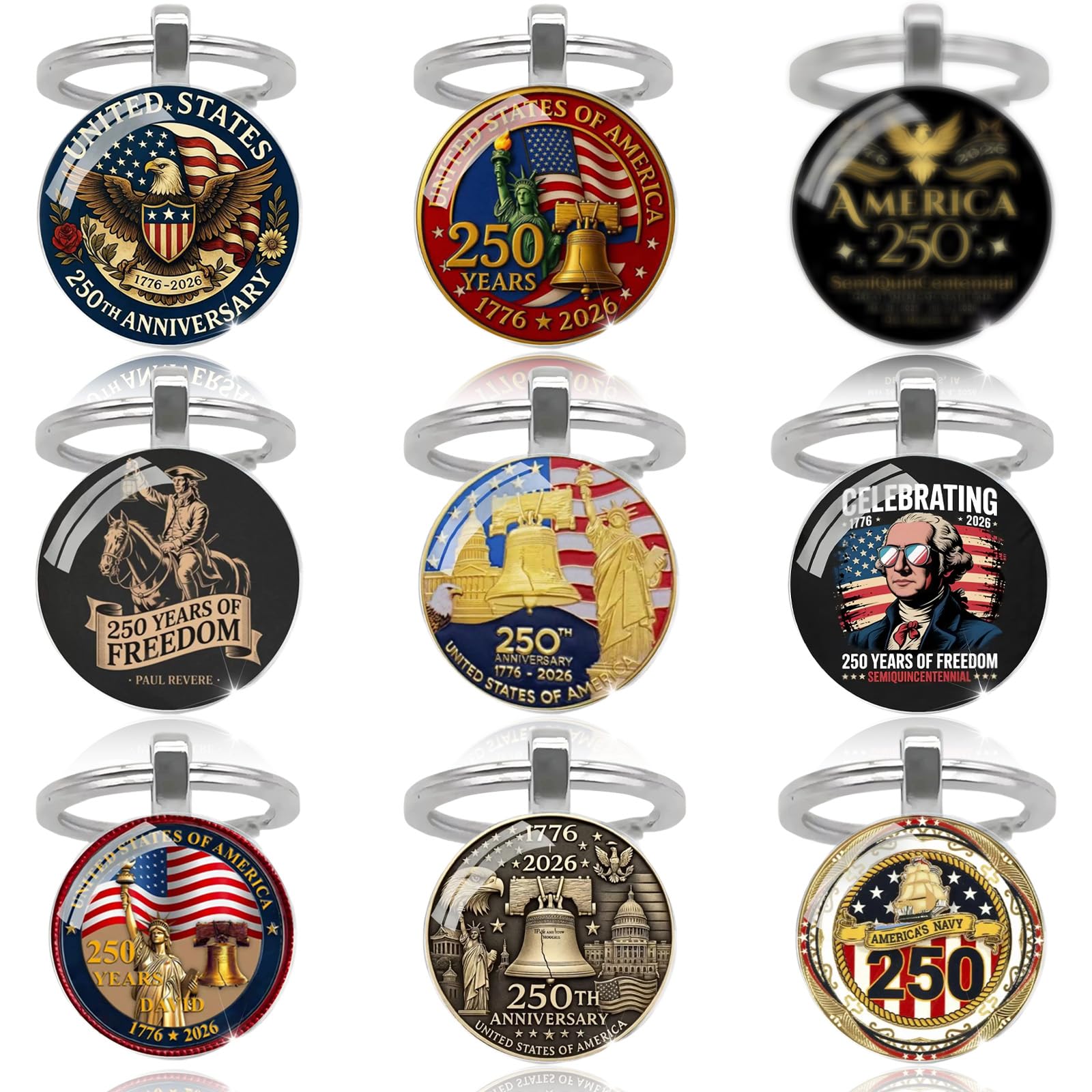 9 PCS 250th Anniversary USA Patriots Keychain USA 250 Merchandise 1776-2026 Commemorative 250 Year Anniversary Merchandise Key chain Patriotic 4th of