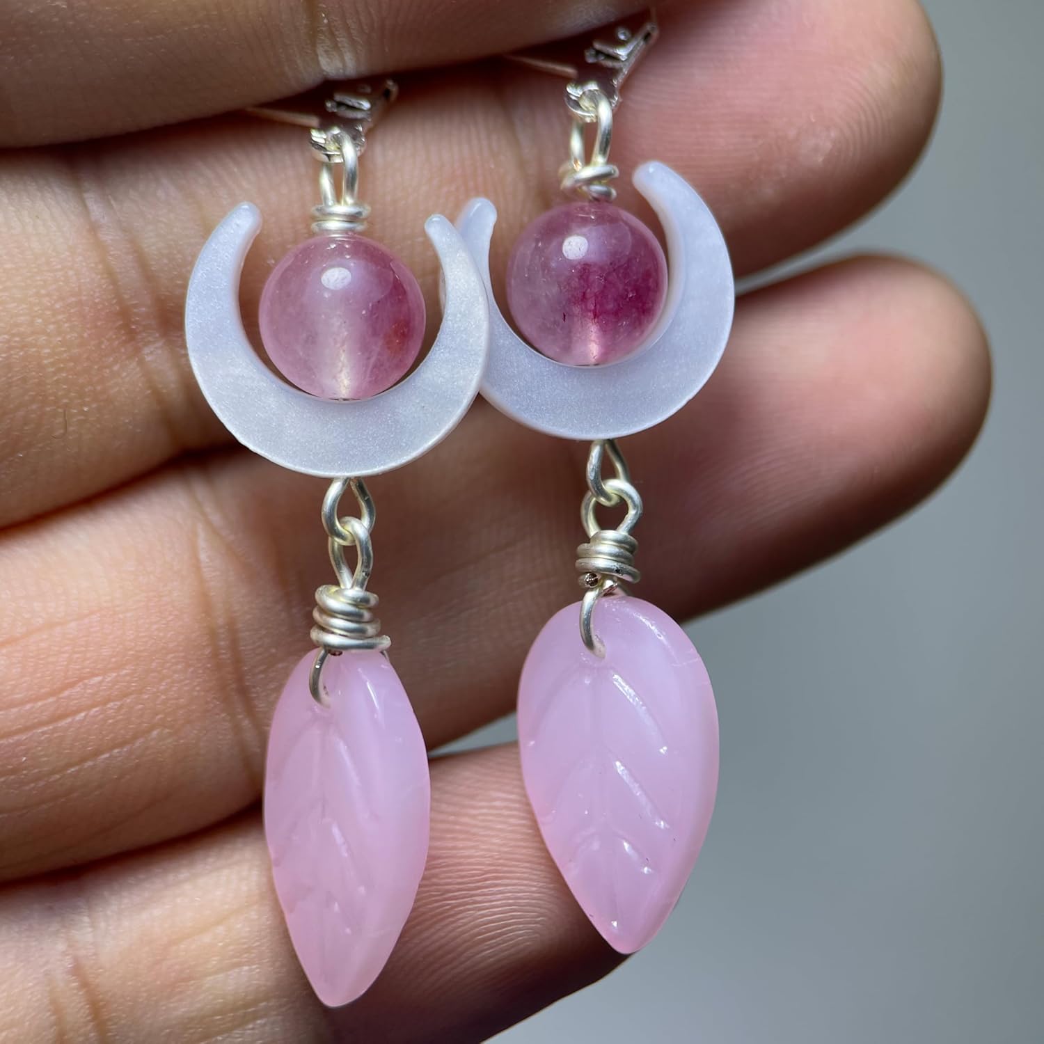 Natural Round Stone Bead Rose Quartz Leaf Drop Earrings,Silver Crescent Moon Shell Genuine Real Crystal Gemstone Dangle Dangling Earrings Jewelry for Women Her - Image 2