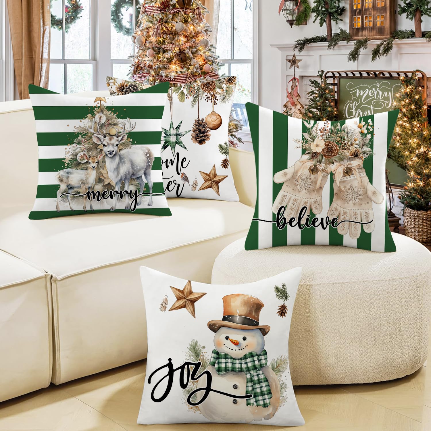 Miaikoe Christmas Cushion Covers 50x50 cm Set of 4 Snowman Gloves Welcome Winter Green White Strip Christmas Throw Pillow Covers Winter Farmhouse Decoration for Home - Image 3