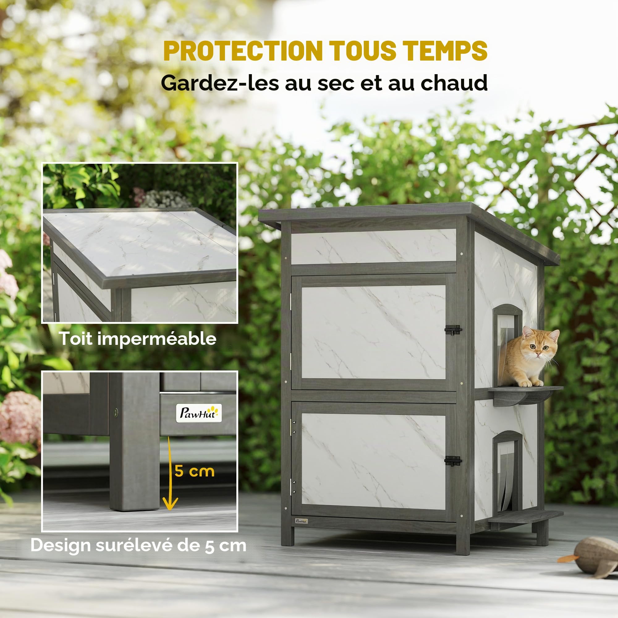 PawHut Maison Chat Bois 2 étages extérieure avec fenêtre Blanc 60x60x88cm
