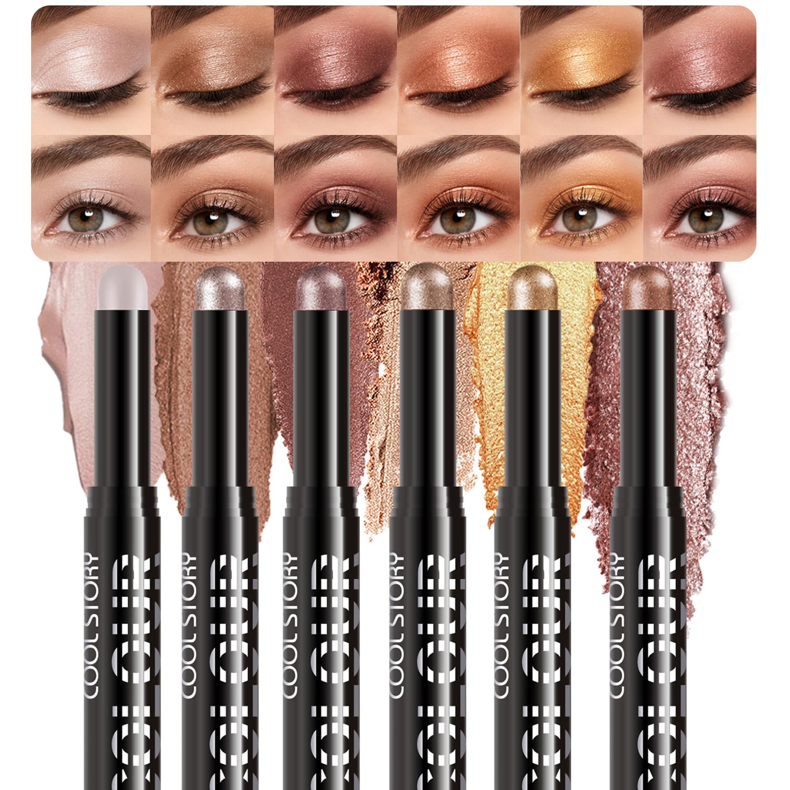 BestLand 6PCS Eyeshadow Stick, Cream Shimmer & Metallic Eye Shadow Pencil Kit, Waterproof Long Lasting Blendable Eye Makeup, Neutral & Glitter Smokey Eye Crayon for Everyday & Glam Looks (Set A)