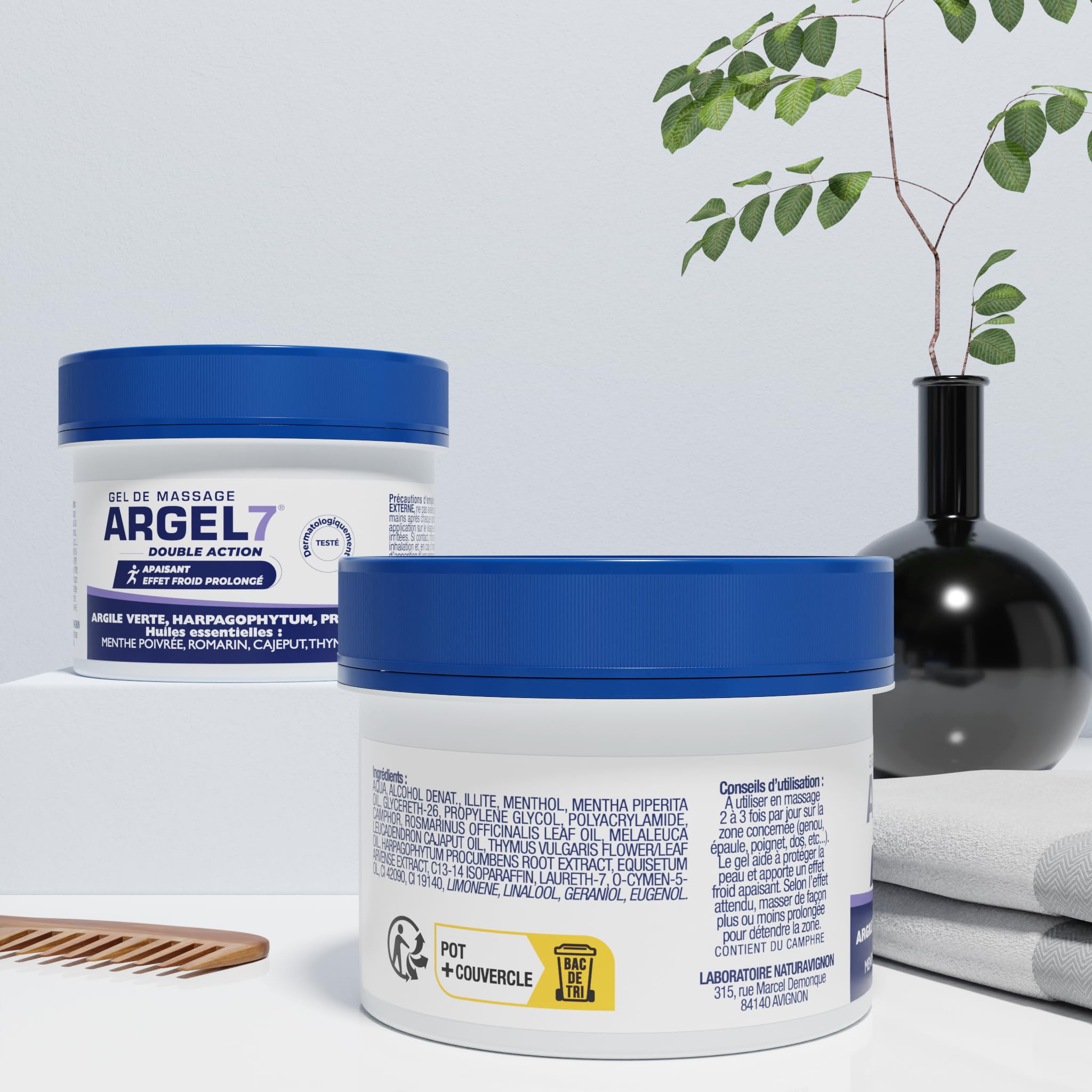 NaturAvignon Argel 7 gel de massage gênes articulaires et contracture musculaire | argile verte, harpagophytum | genoux douleur dos |effet cryothérapie | massage et relaxation | pot 120mL