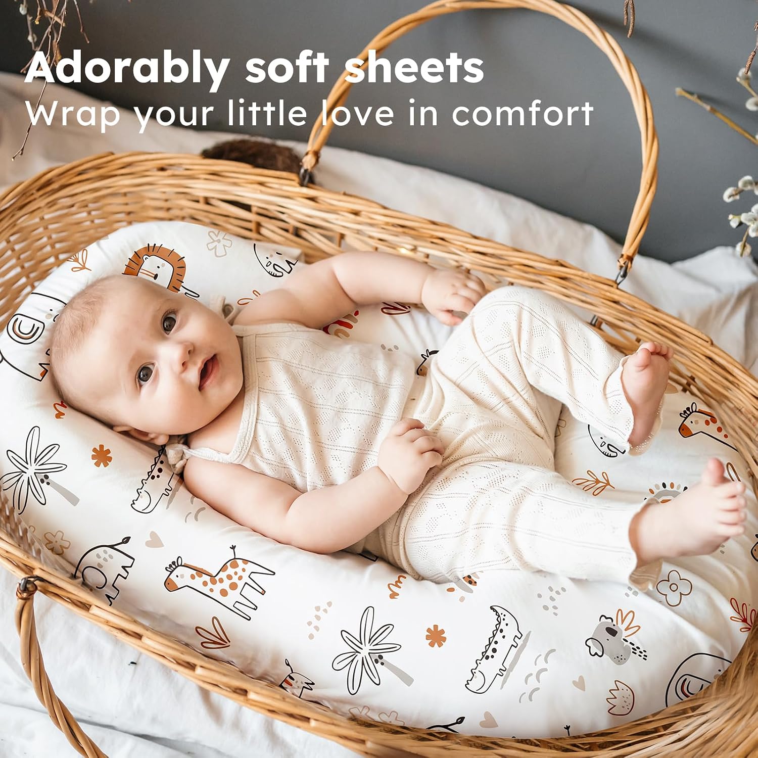 Baby Bassinet Sheets, 3 Pack Fitted Bassinet Mattress Sheets, Compatible with Halo Bassinest Swivel Sleeper & Oval Hourglass Rectangle Mattress, Ultra Soft Orange Animal World thumbnail