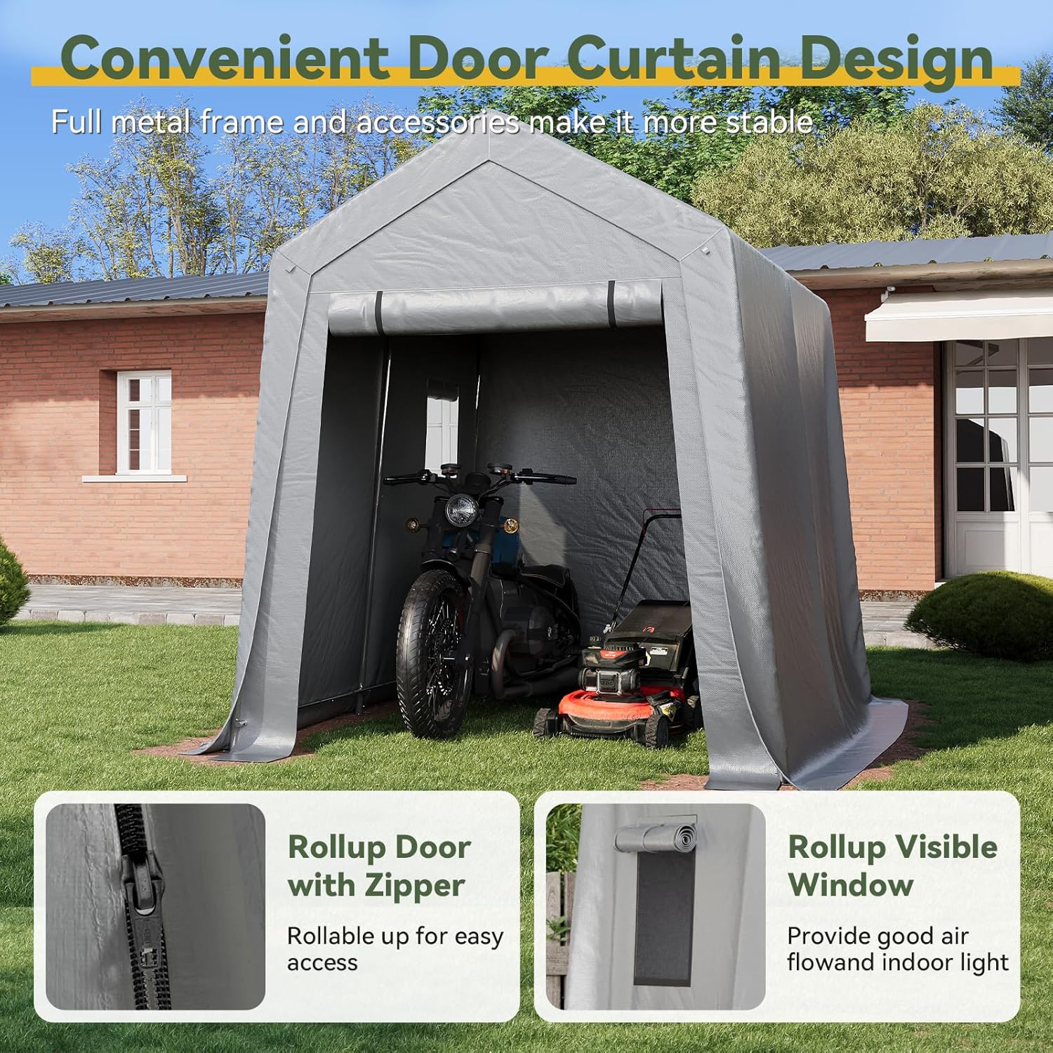 Aoxun 6x8x7 FT Outdoor Portable Storage Shed Tent with Roll-up Zipper Door and Window Portable Carport with Waterproof Tarp Galvanized Steel for Motorcycle, Generator, Bike Storage (Gray)