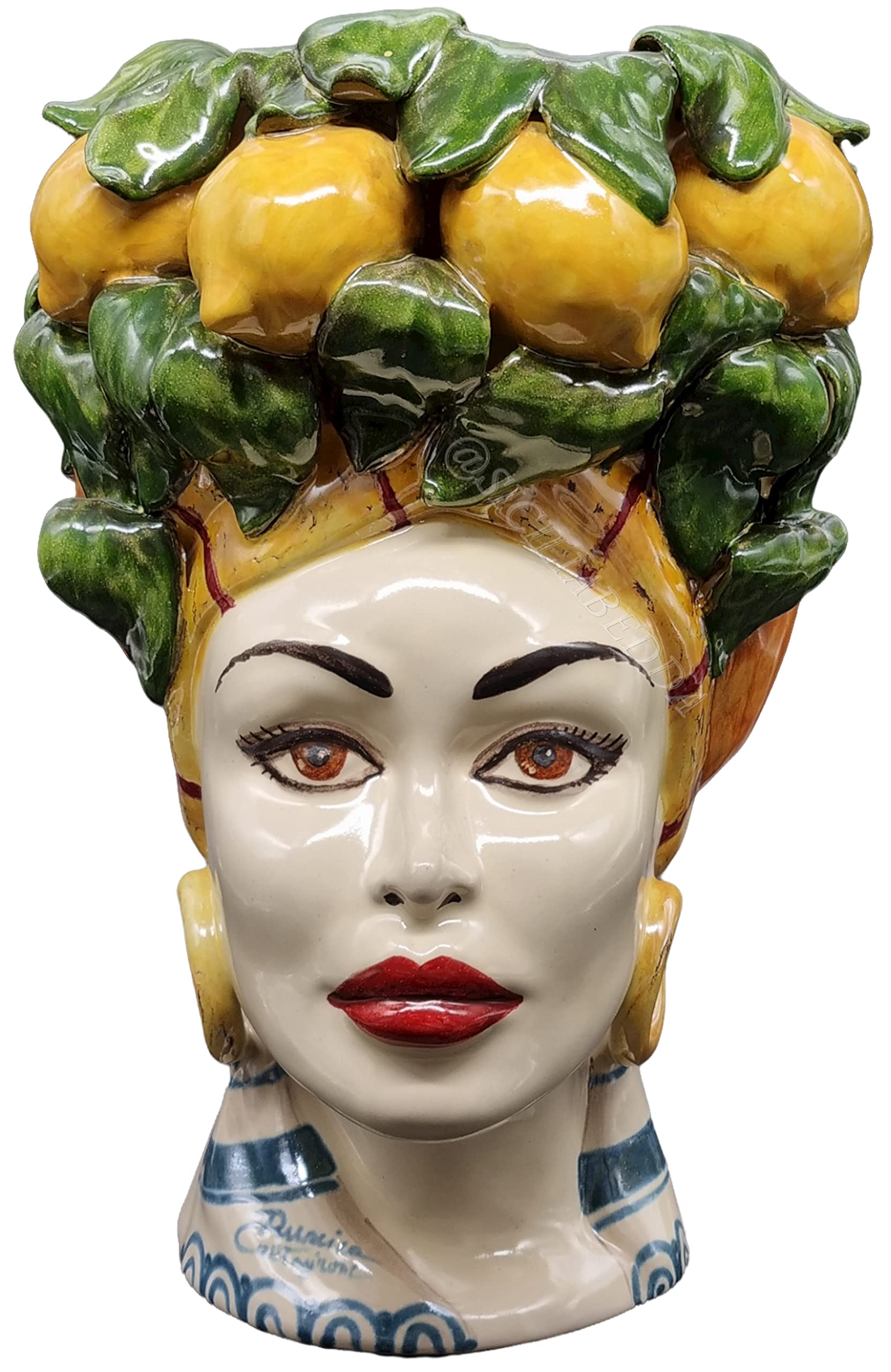 Sicilia Bedda - TESTE DI MORO SICILIANE in Ceramica di Caltagirone - Teste Firmate Realizzate a Mano - h 30 CM (Donna, Corona Limoni)