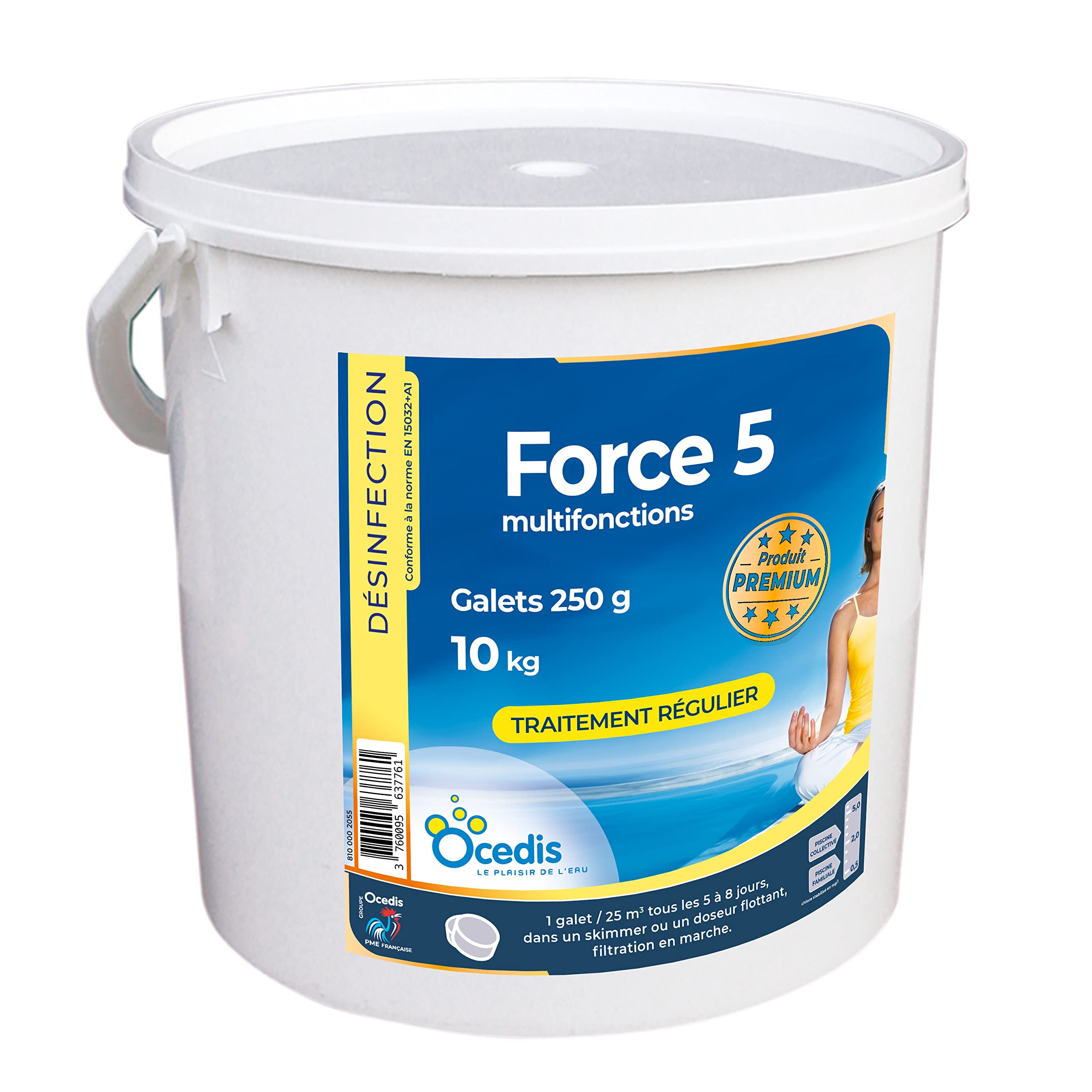 OCEDIS Force 5-250 Multifonctions Galets 250g - 10kg | Chlore Lent Stabilisé Multiaction - Non Comburant - Désinfection Régulière Multifonction - Dissolution Lente + 10 Tests HPS OFFERTS 6 en 1