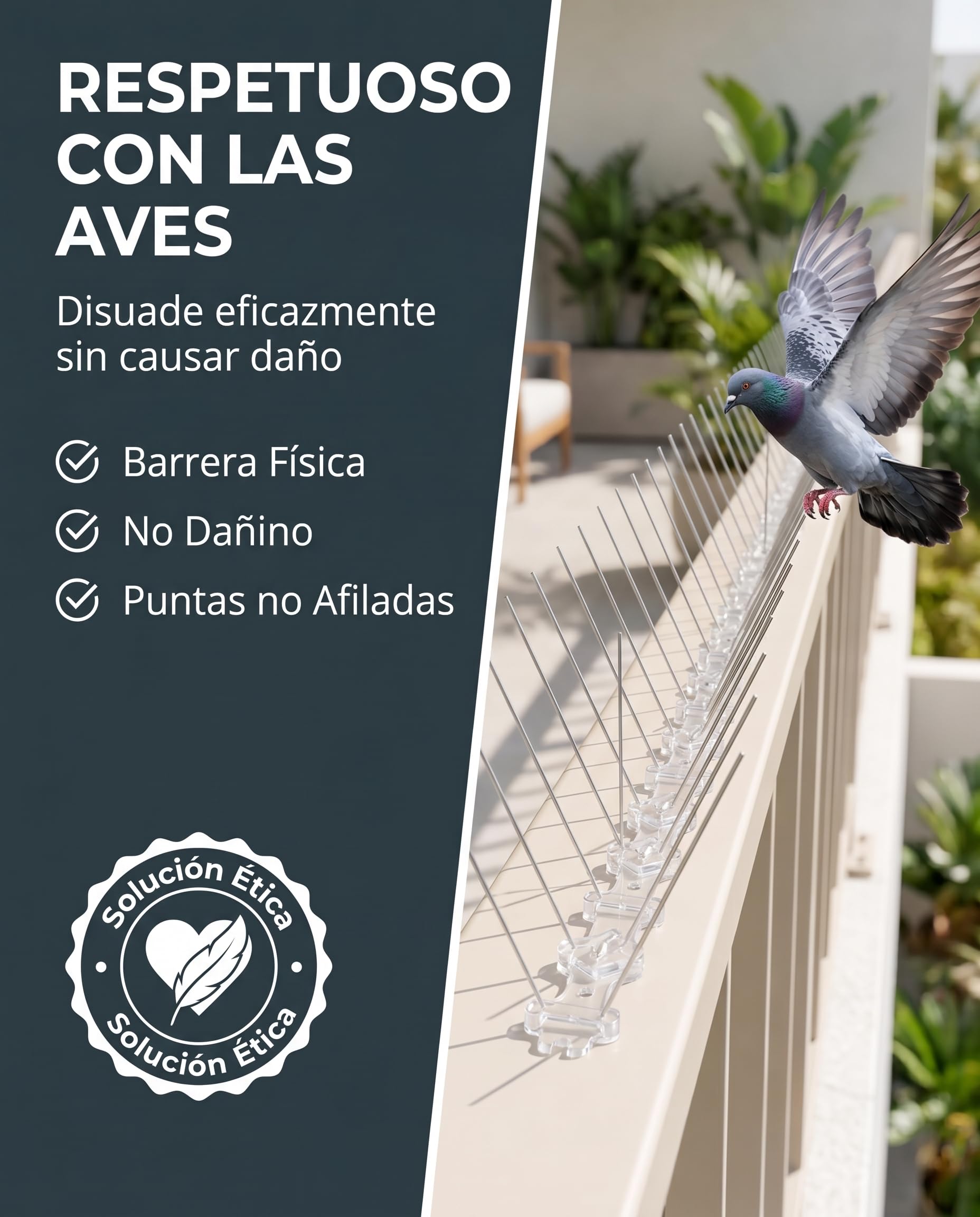 Pinchos Antipalomas - 5 m con 20 Módulos de 25 cm - Ahuyentador Palomas en Acero Inoxidable - Espanta Palomas con 40 Bridas - Antipalomas para Balcon, Tejado, Cornisa