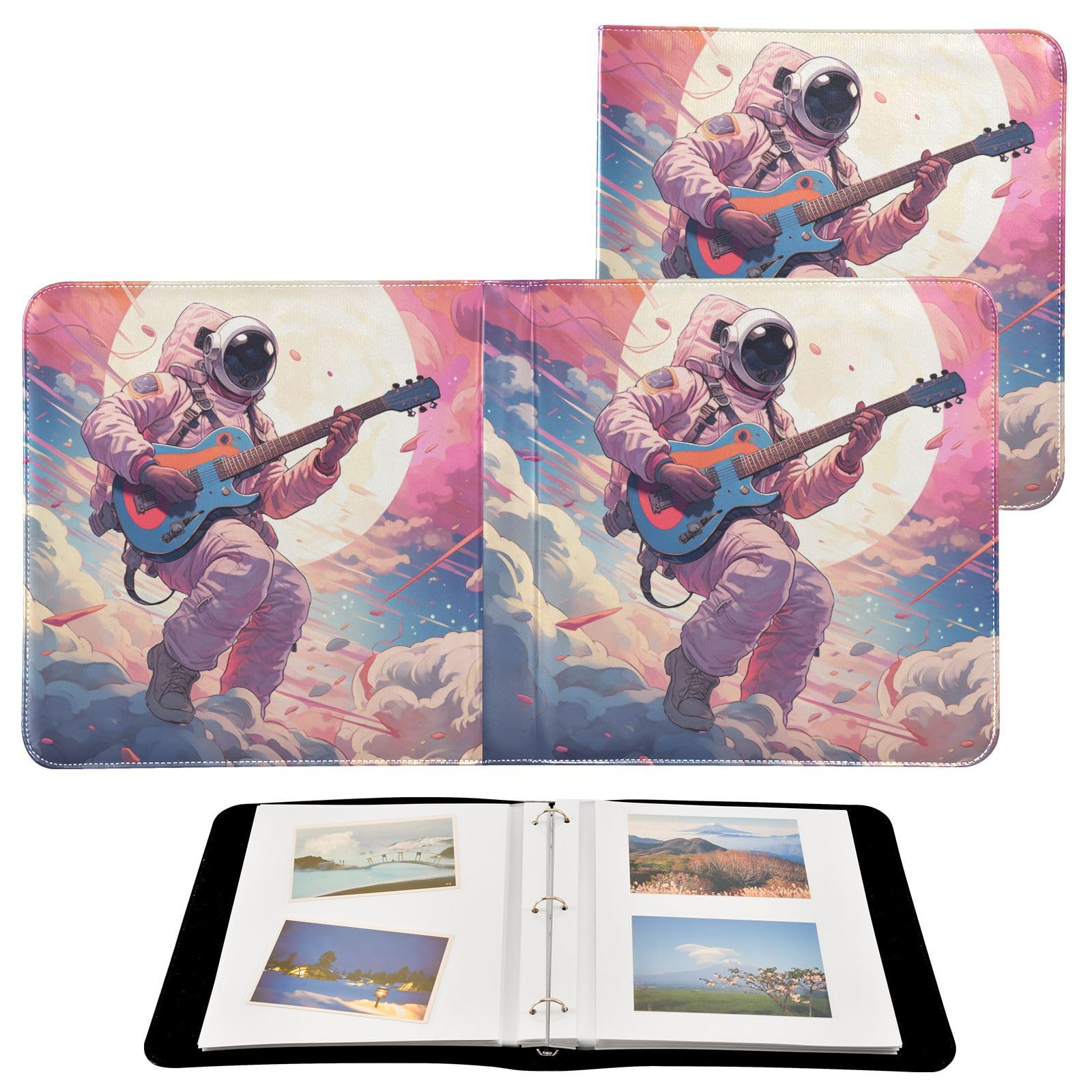 JIPONI Astronauts with Guitars Large Photo Album, DIY Leather Cover Scrapbook Albums for 4x6 5x7 6x8 Pictures, Self Adhesive Memory Book for Wedding, Baby, Family