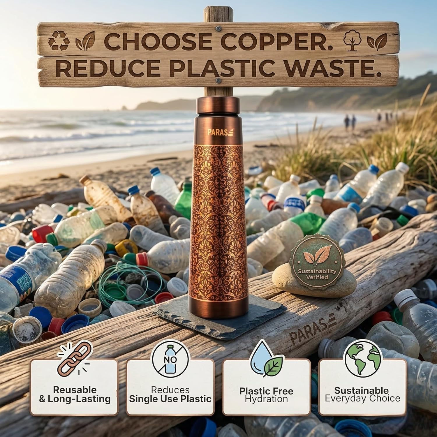 100% Pure Copper Water Bottle 32 oz – Handcrafted Ayurvedic Drinkware | Leak Proof BPA Free | No Liner No Coating | Antique Finish | Solid Real Copper Bottle for Drinking Water & Gym Travel Yoga