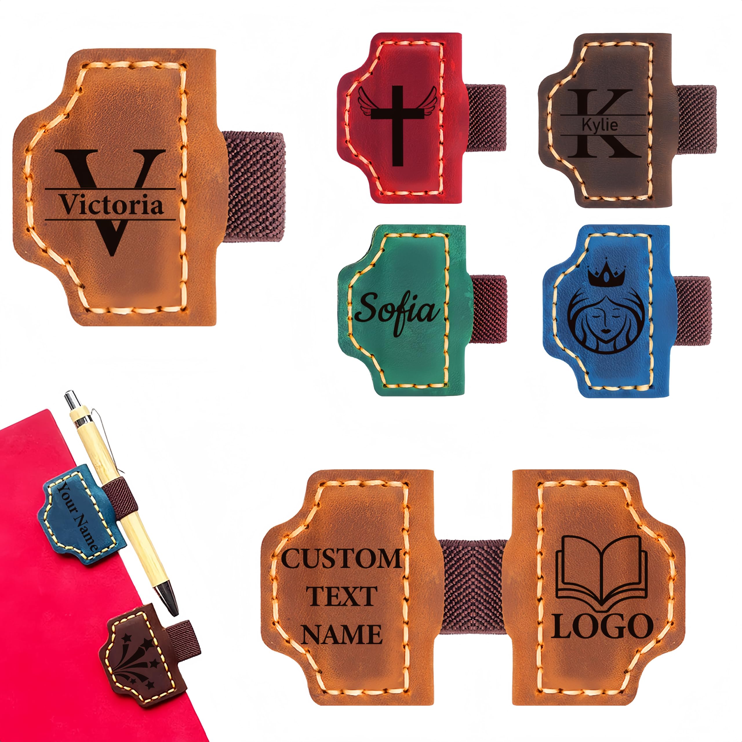 Custom Bookmark with Pen Holder Personalized Magnetic Leather Bookmarks Engraved Text Magnet Book Markers Clip with Initial Gifts for Book Lovers