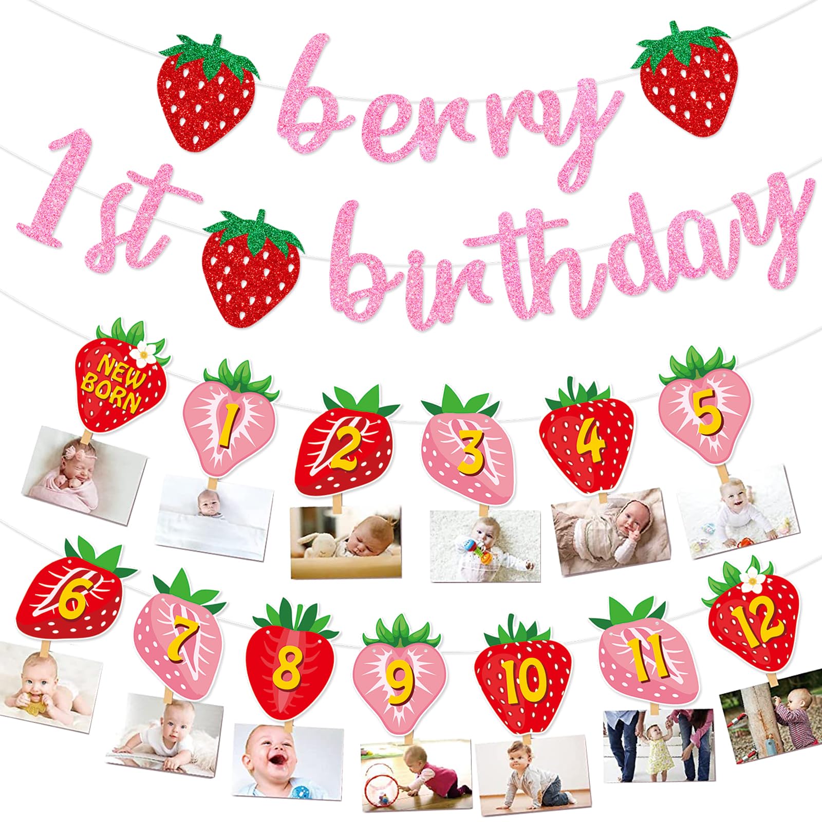 Strawberry First Birthday Decor Banner Berry 1st Monthly Photo Banner for Girls Baby Shower Birthday Party Supplies,12 Months Photo Display (Colorful)