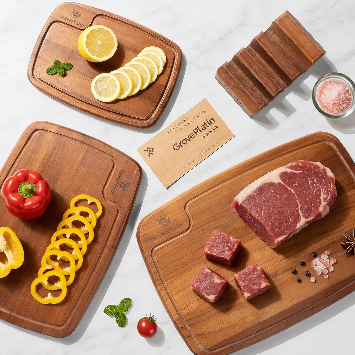 Dark Oak Wood Cutting Boards for Kitchen (Set of 3), Heavy Duty Chopping Board with Deep Juice Groove, Reversible Designed, Storage Stand & Oiling Brush