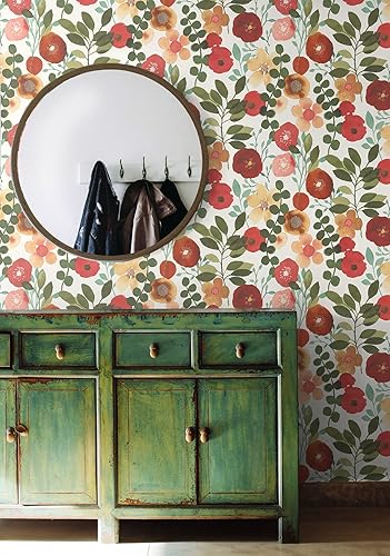 Miniatura 7 de NextWall Garden Dance Floral - Papel tapiz autoadhesivo (rubí y verde cazador)