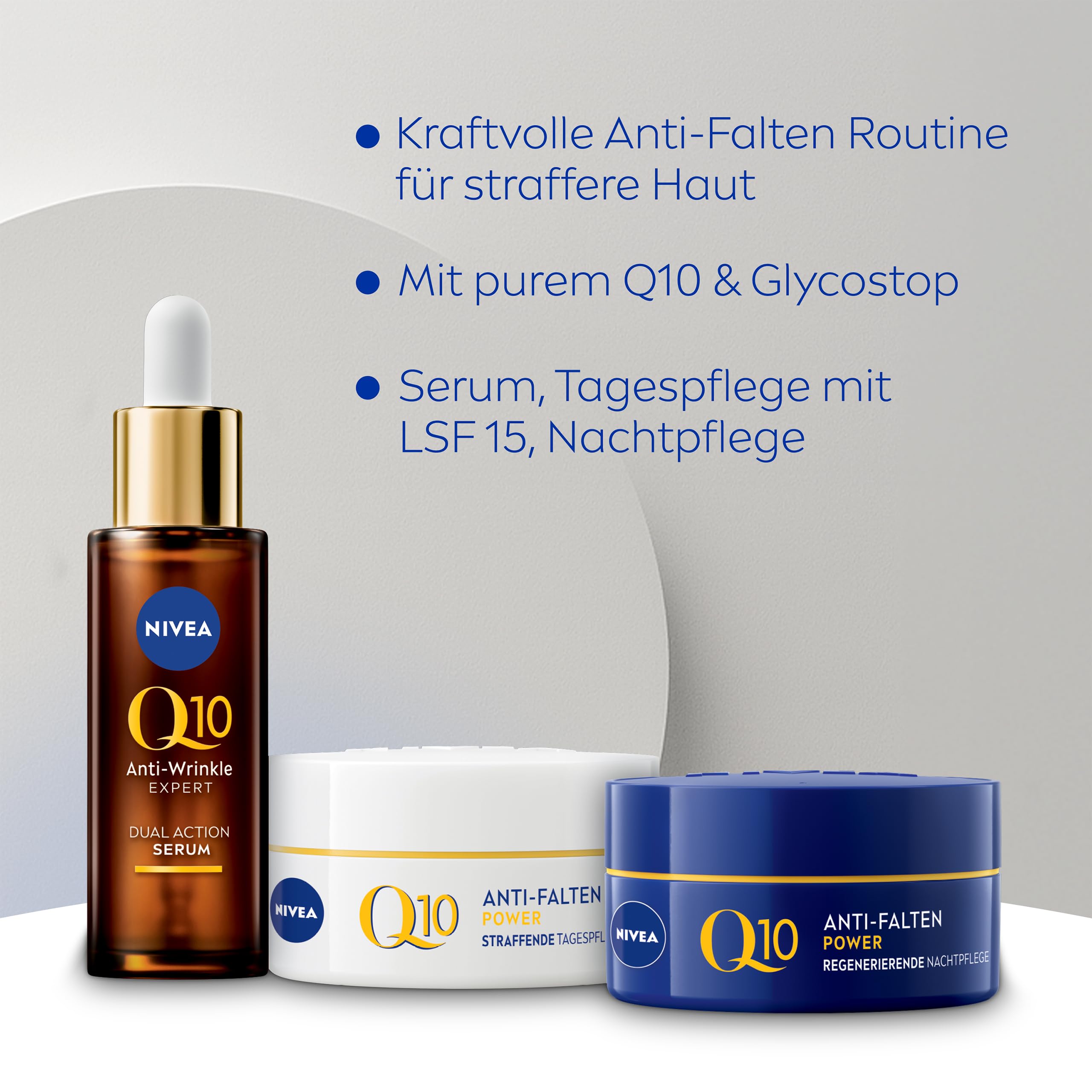 NIVEA Q10 Anti-Falten Power Gesichtspflege Set, Geschenkset mit Tagescreme (50 ml), Nachtcreme (50 ml) und Dual Action Serum (30 ml), Anti-Age Pflegeset