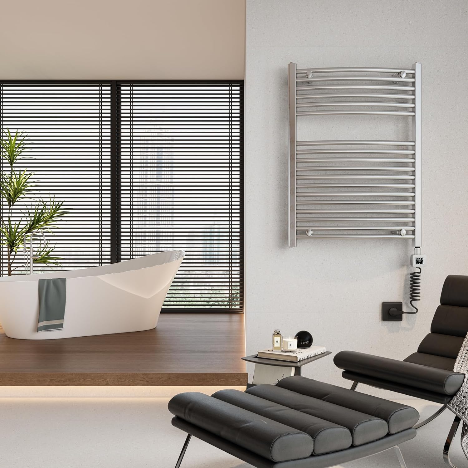 HEATGENE Smart Towel Warmer with Timer and Temperature Control, Plug-in/Hardwired Towel Rails Heater Large Smart Liquid Filled Towel Rails, Compatible with Alexa and Google Home, Brushed