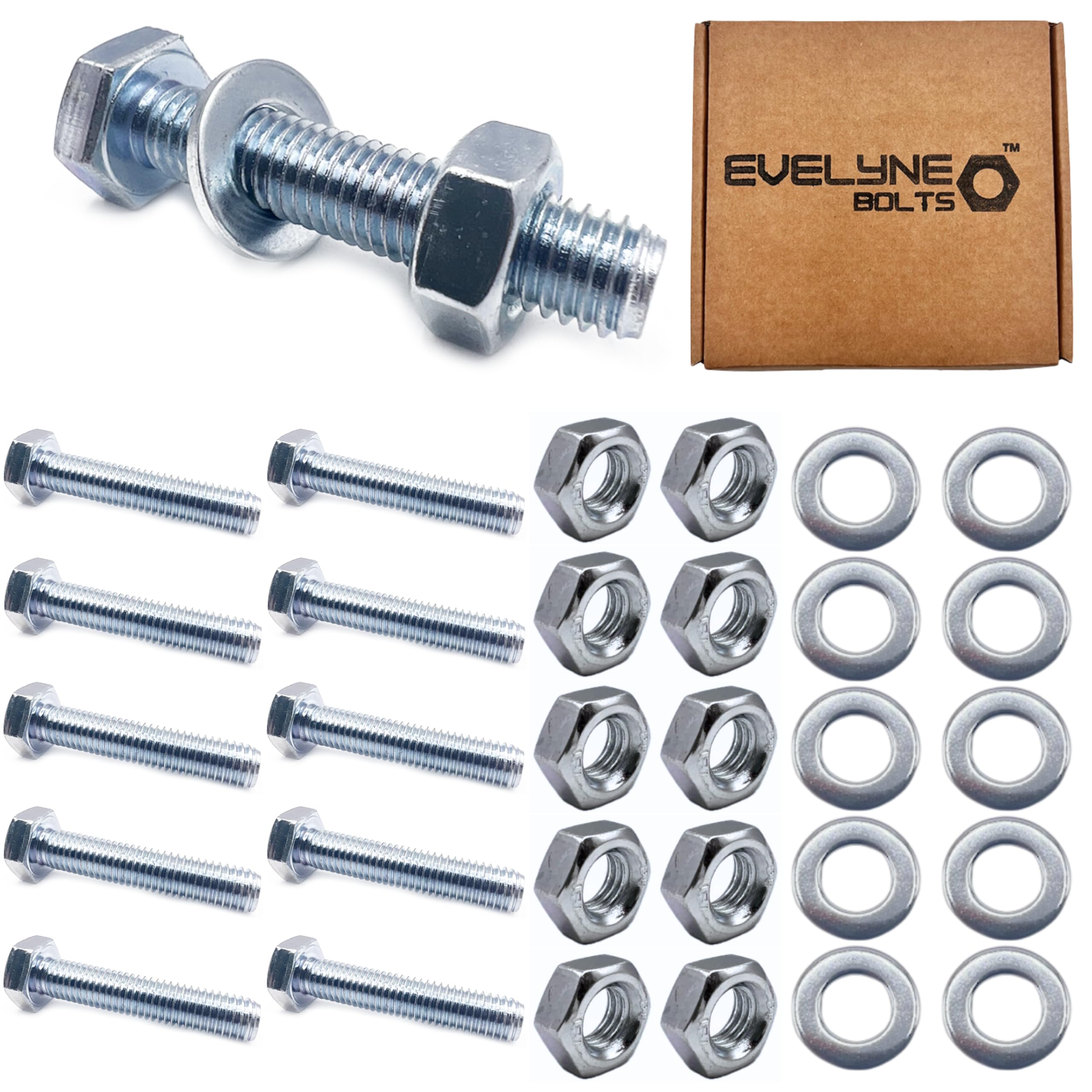 M10 Nut, Bolt & Form A Washer Set. 10 pack, M10x50 Bolts, 10mm Nuts & 10mm Form A Washers, Silver, M10x50 Bolts, M10 Nuts