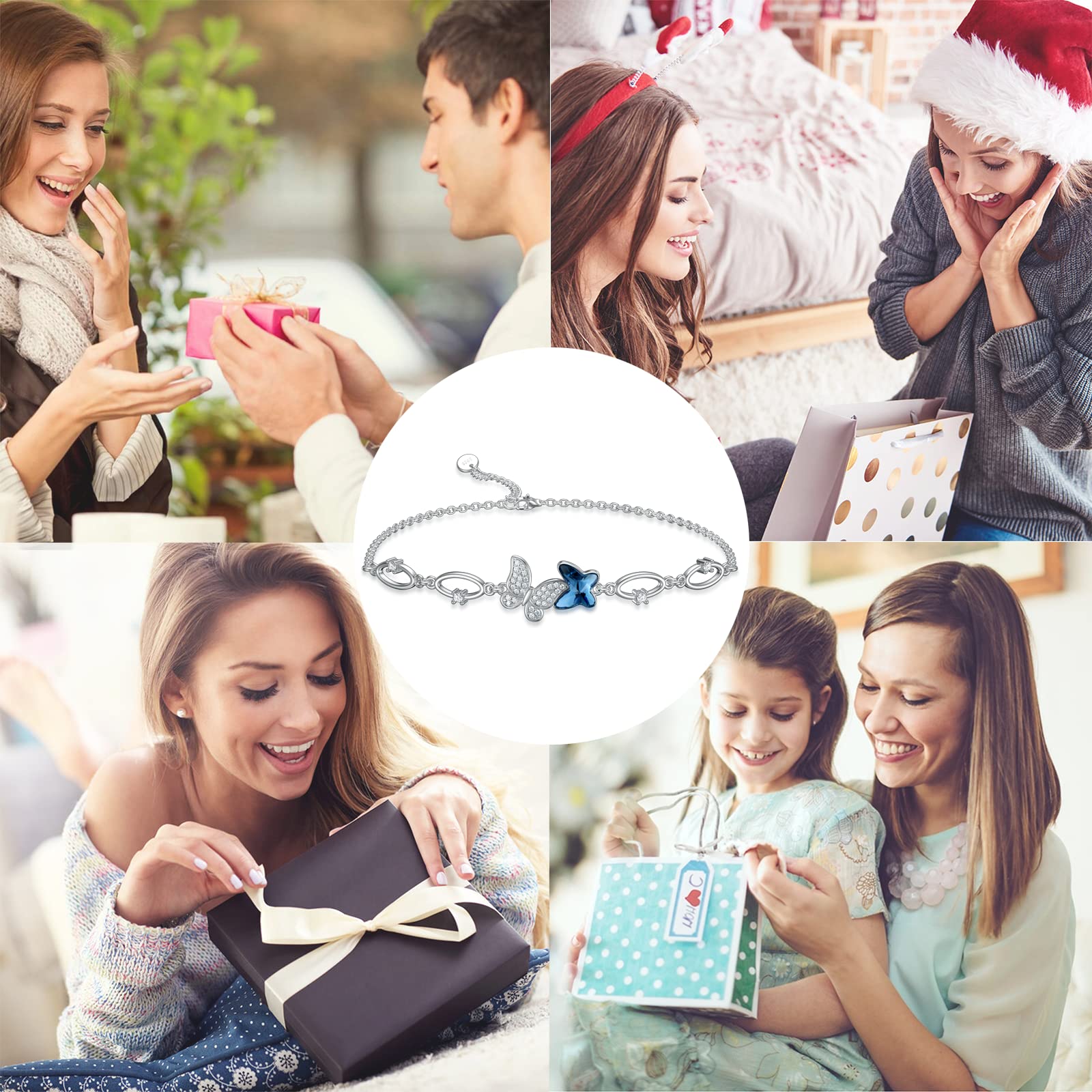 Mariposa/libélula pulsera, joyas mariposa libélula azul/púrpura cristal damas de honor pulsera plata 925 mujer regalo de graduación para niñas mujeres, Adjustable (17.78 cm + 2 extension