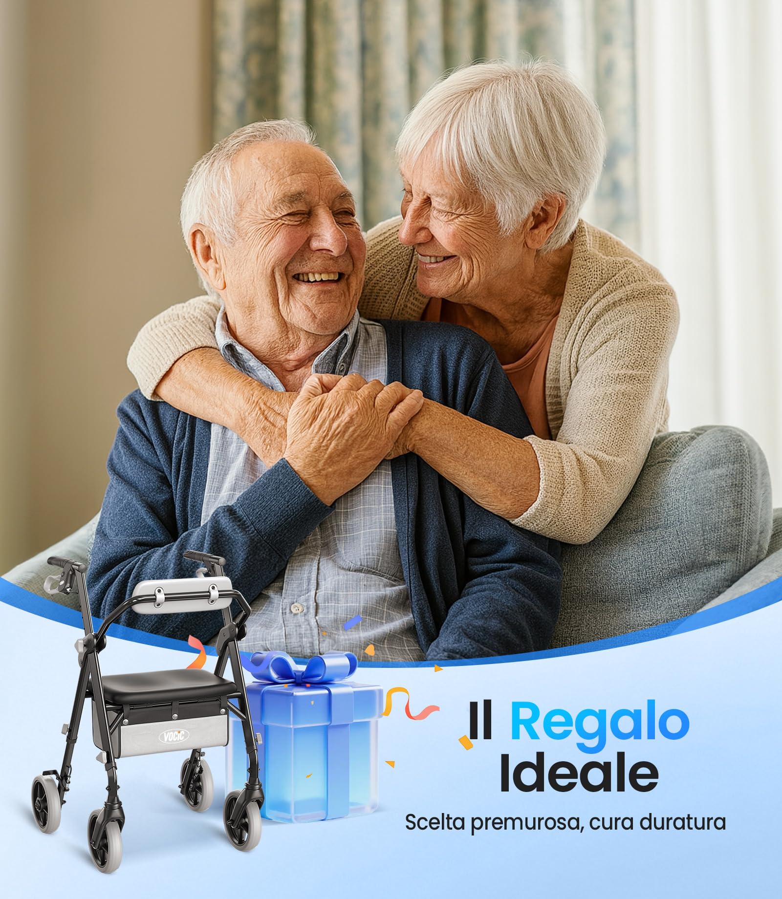VOCIC Deambulatore pieghevole e leggero con seduta, 6,3 kg ultraleggero | Deambulatore per anziani, max 150 kg, sedile ergonomico, altezza regolabile, walker stretto per casa & viaggi, nero