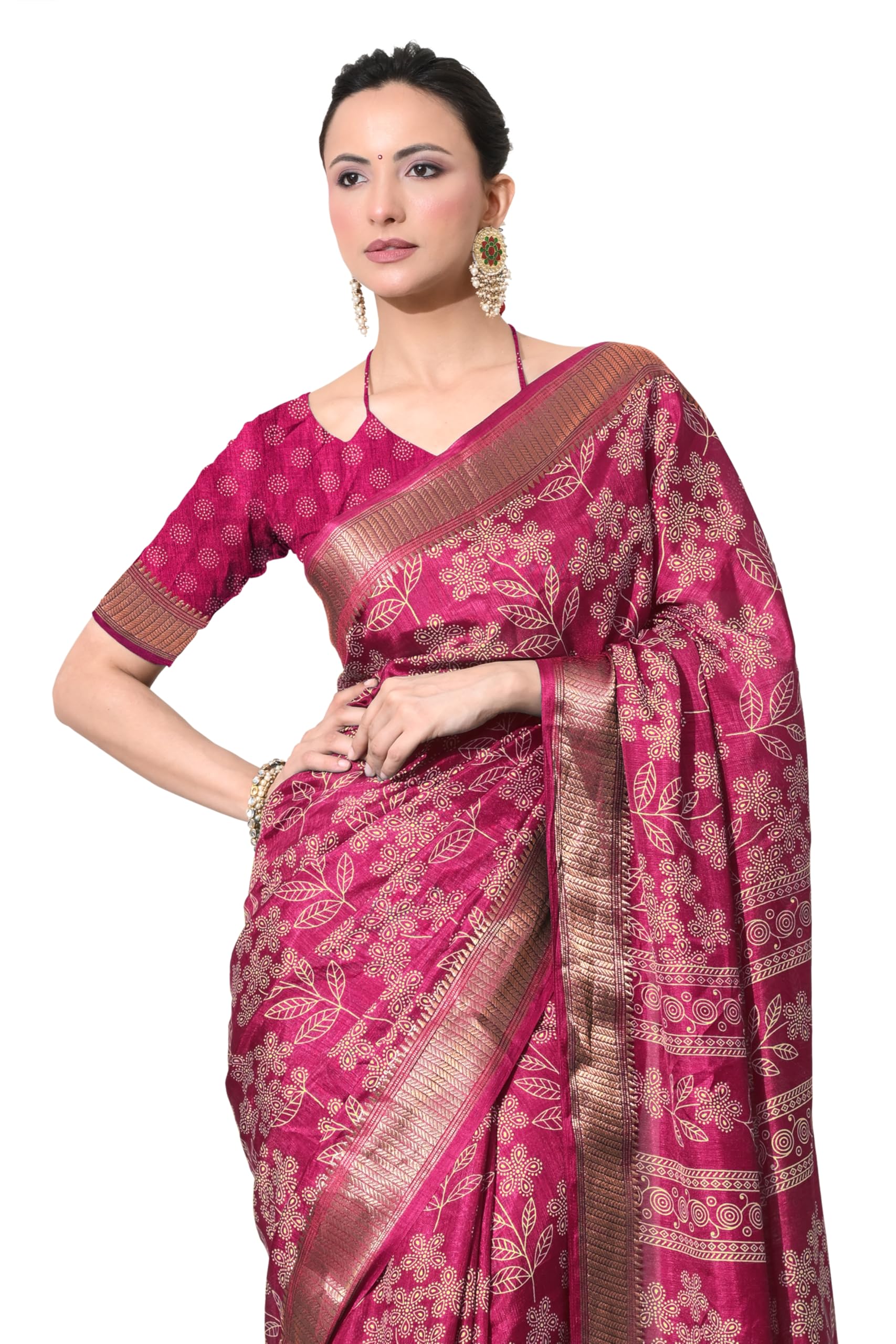 mirchi fashion Women's Cotton Silk Blend Leaf Printed Saree with Blouse Piece-picture-19