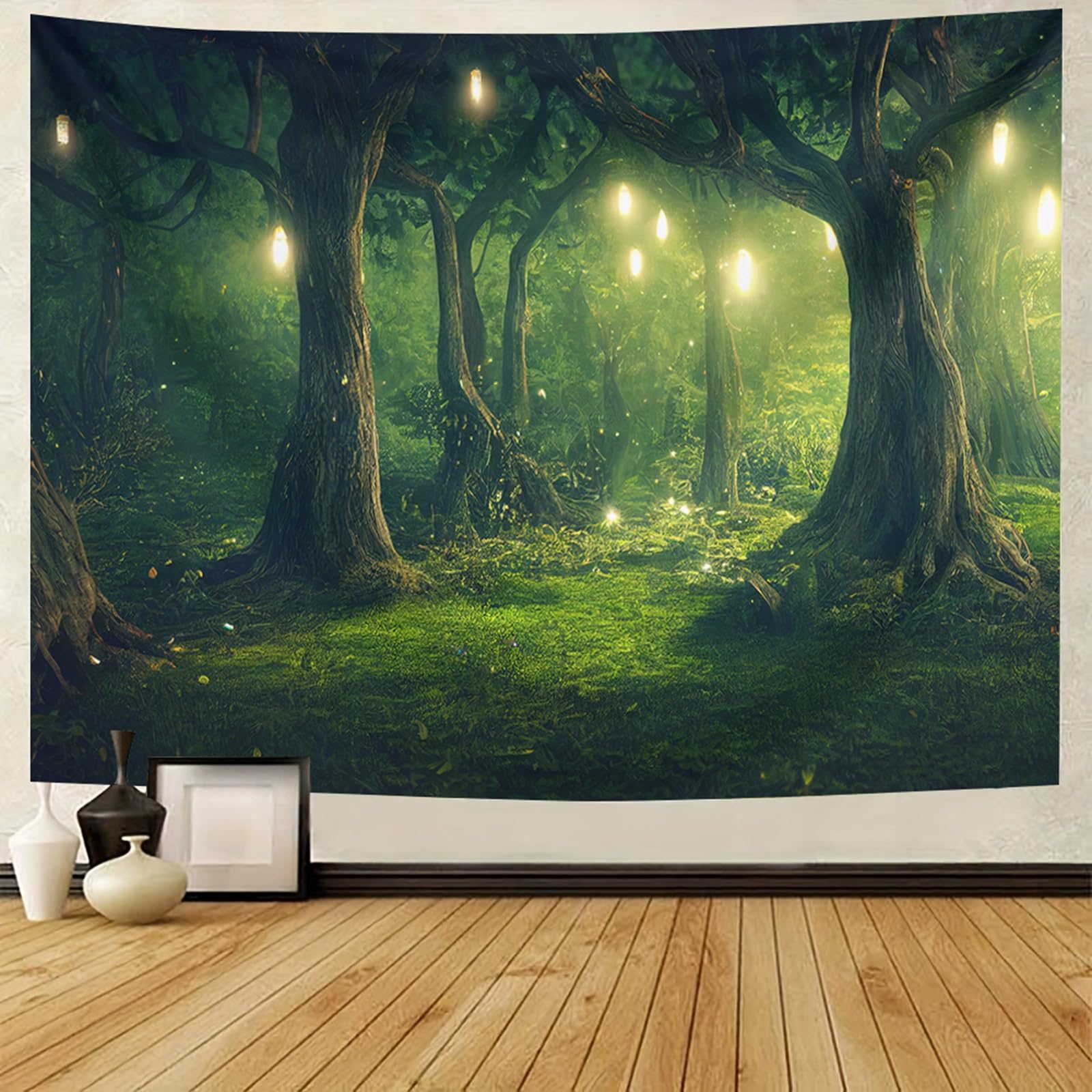 BCughia Dekoracja ścienna 200 x 200 cm, dywan ścienny, zielone drzewo, gobelin, noc, las, chusta na ścianę, natura, krajobraz, dekoracja ścienna do salonu, sypialni