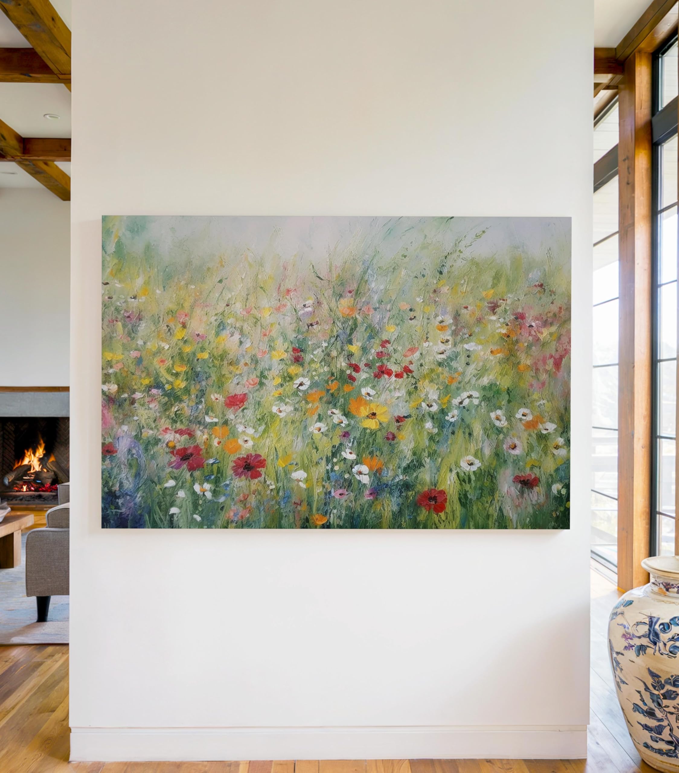 lianyibo Wildflower Meadow Canvas Print, Floral Landscape Painting, Spring Cottagecore Living Room Bedroom Wall Decor(50x70cm/Frameless)
