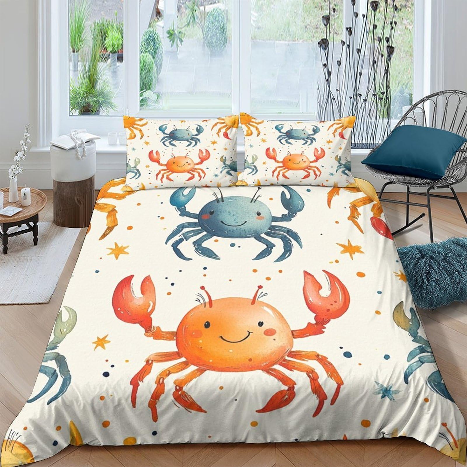 Ctjqhvkz Style-9 3D Printed Cartoon Crab Fitted Sheet Microfiber Orange Blue Marine Mattress Cover For Bedroom Dormitory Mattress Decoration Single（135X200cm）