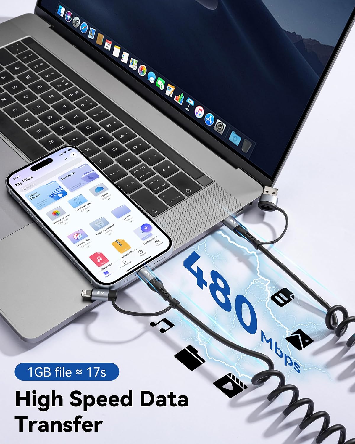 Miger Coiled USB C Cable,60W Short USB C to USB C Cable Fast Charging Cord,2Pack 4Ft Carplay Car Charger Type C and Lightning Cable 2 in 1 for iPhone 17/16/15/14/13/12/11/iPad/AirPods/MacBook/Samsung