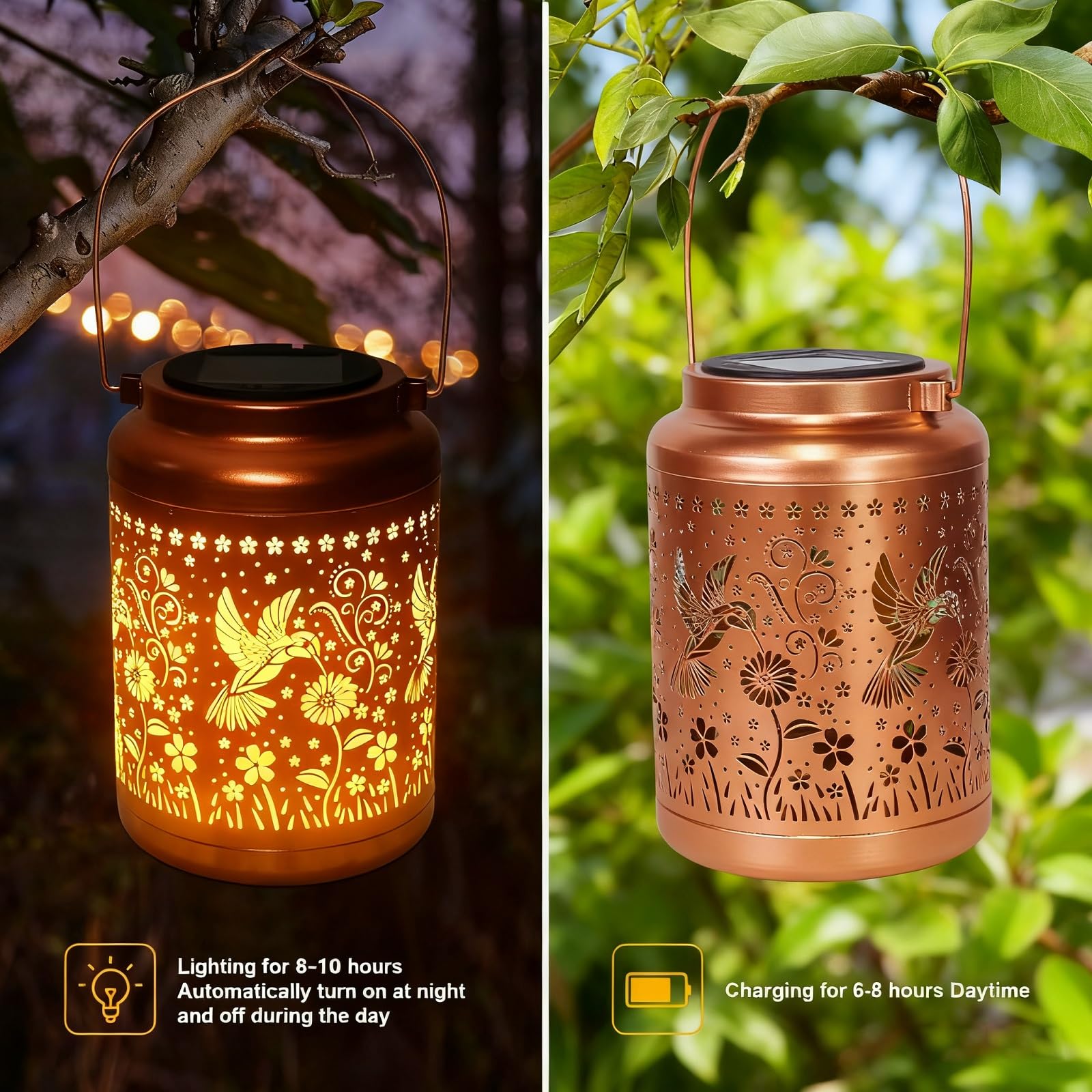 2 Pack Solar Lanterns Outdoor Garden Decor- Solar Lights Waterproof Hummingbird Decorative Gifts for Women Mom Grandma Hanging Metal Lights Gardening Gift for Outside for Yard Patio - Image 2