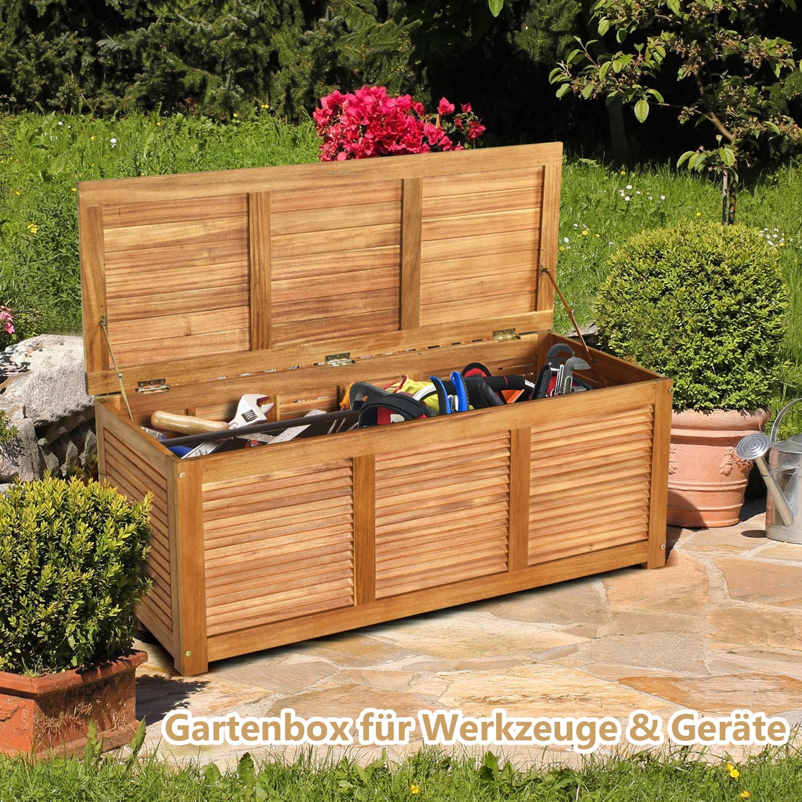 GIANTEX Gartenbox Holz Auflagenbox Gartentruhe Kissenbox Holzbox Garten | Aufbewahrungsbox Garten Holz, Holztruhe Outdoor, Massiv Akazie, Aufbewahrung Garten Balkon, Terrassenbox für Gartenauflagen