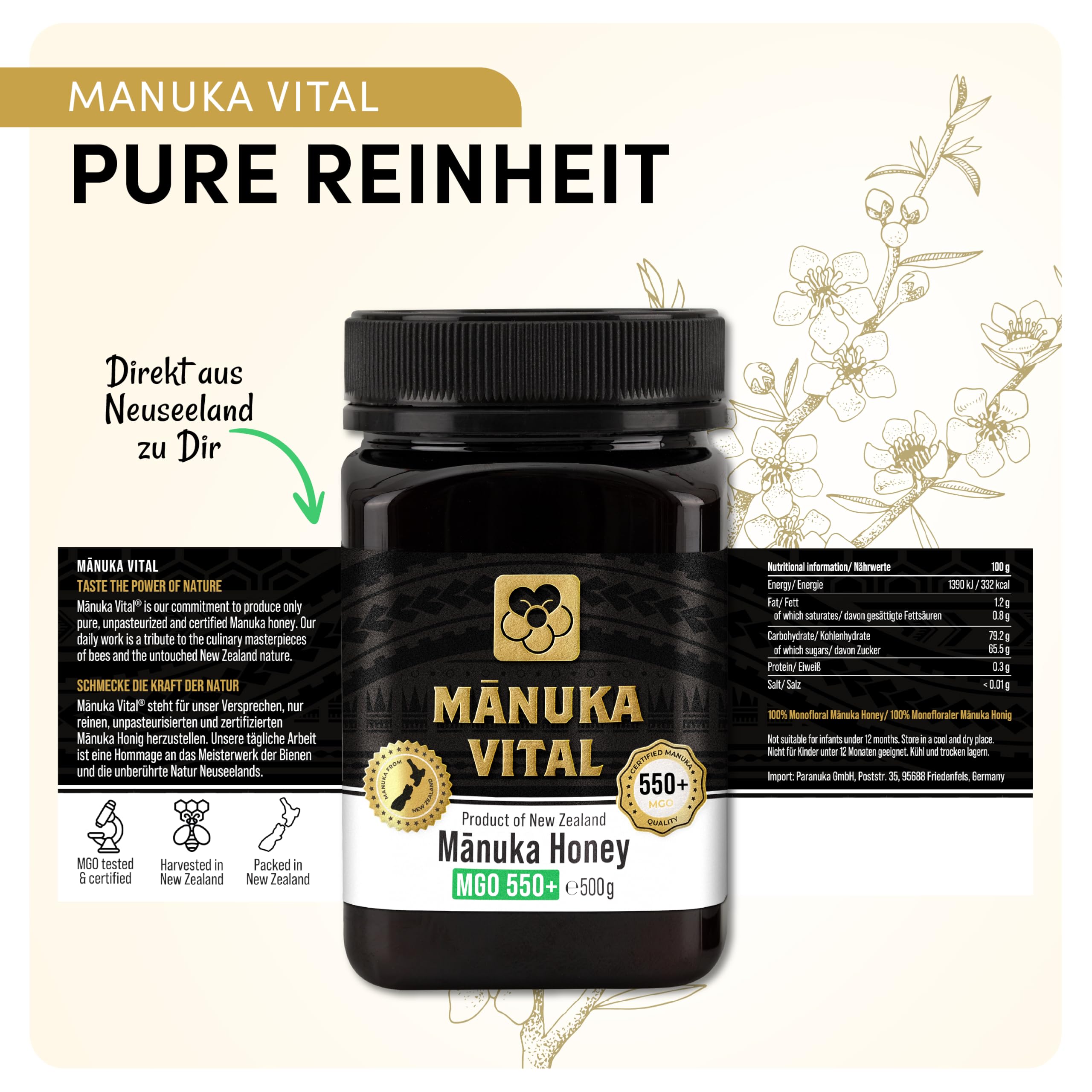 Manuka Vital MGO 550+ (500g) - 100% echter Premium Manukahonig aus Neuseeland mit zertifiziertem Methylglyoxal Gehalt - Manuka Honig mit Analyse-Zertifikat