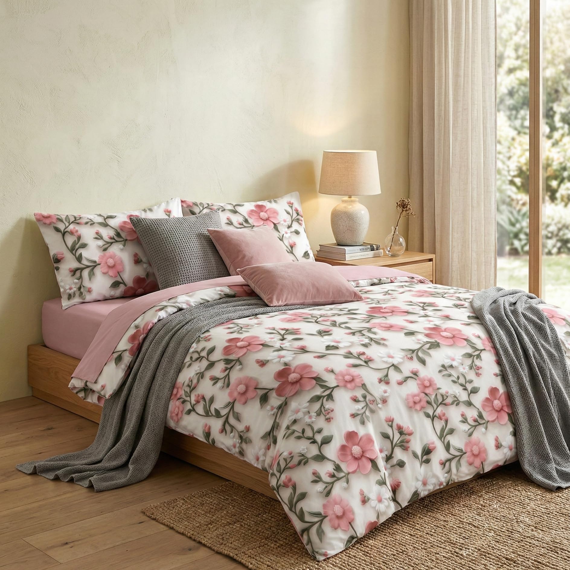 LOOMLYFE 300 TC Microfiber XXL Soft Cotton Super King Size Bedsheet for Double Bed, King Size 108 Inches X 108 Inches, 9 Feet, 275 X 275 cm with 2 Large Size Pillow Covers - PinkSunflower