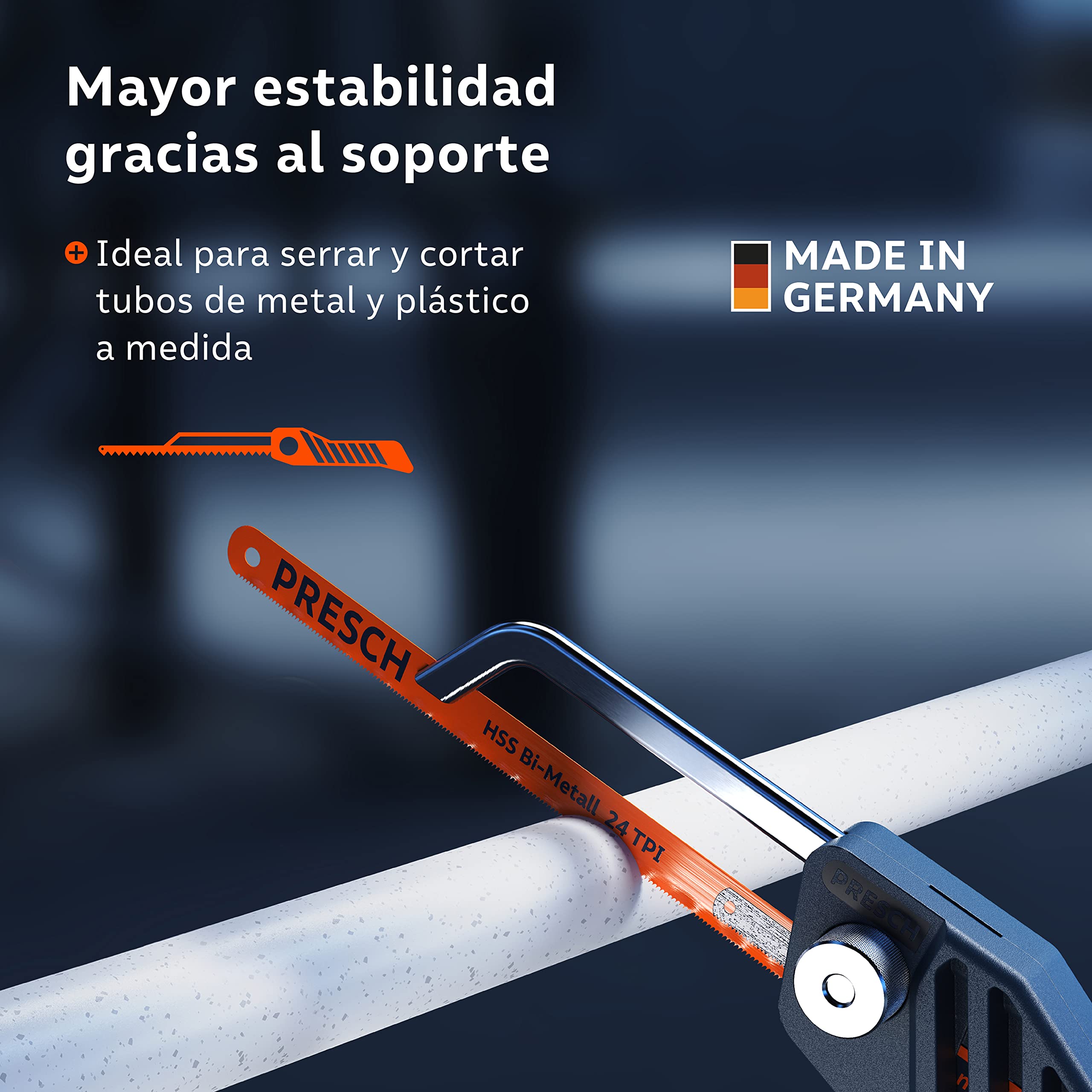 Presch Mini Sierra de Metal Flexible 300mm - de mano 3 en 1 incl. hoja de sierra para metal - Sierra de hierro pequeña ajustable con hoja para metalica