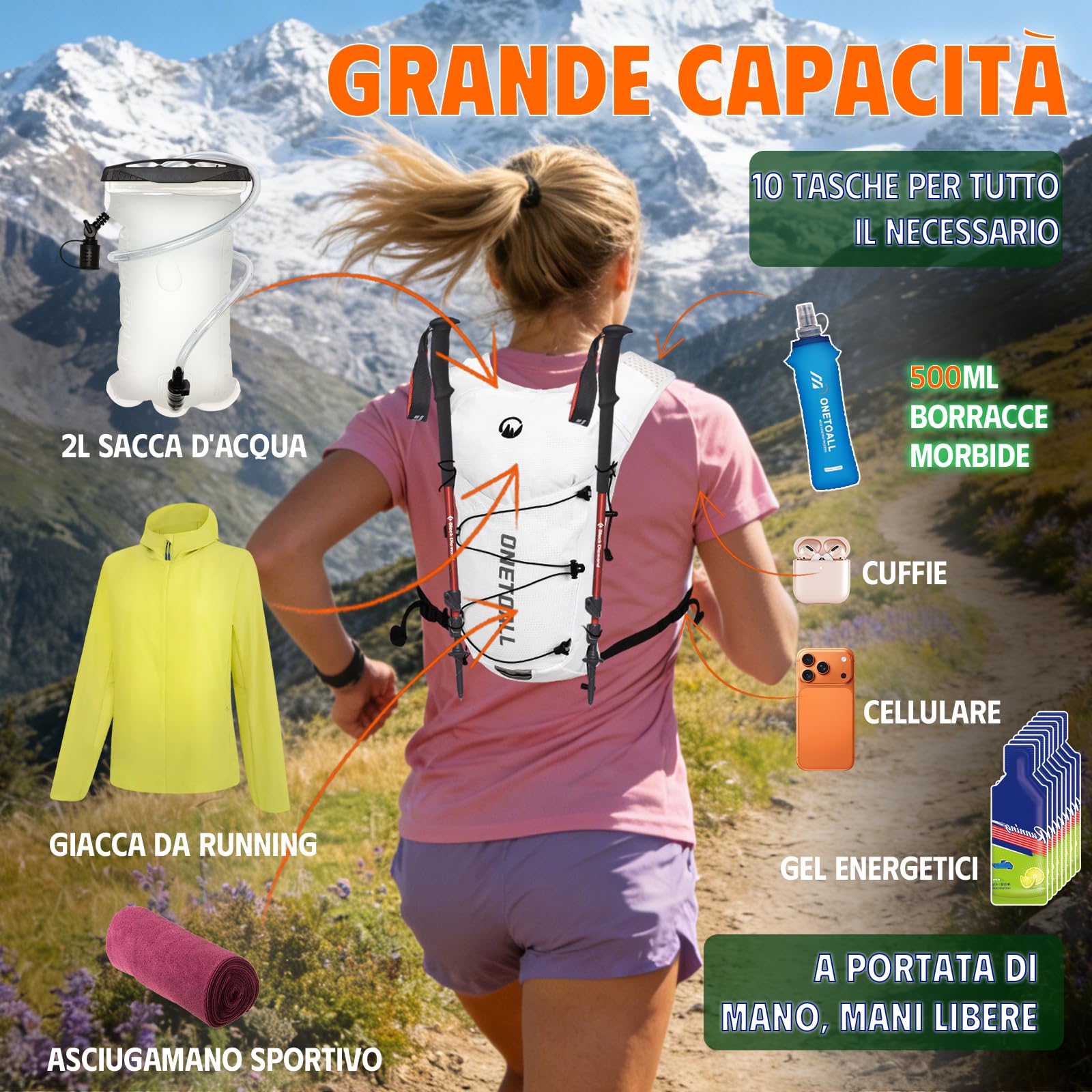 Zaino Trail Running, Gilet Running Uomo Donna, Ultraleggero Gilet Corsa Riflettente Idratazione Multitasche con Borraccia Morbida 500ml o Sacca Idrica 2L per Trekking Ciclismo MTB Sci
