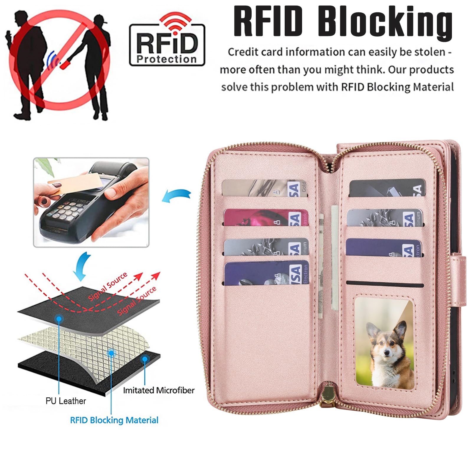 Étui portefeuille compatible avec Samsung Galaxy S24 Ultra 5G - Fermeture éclair - Protection d'écran - Bandoulière à rabat - Porte-cartes - S24Ultra 24S S 24 24Ultra - Pour homme et femme - Or rose