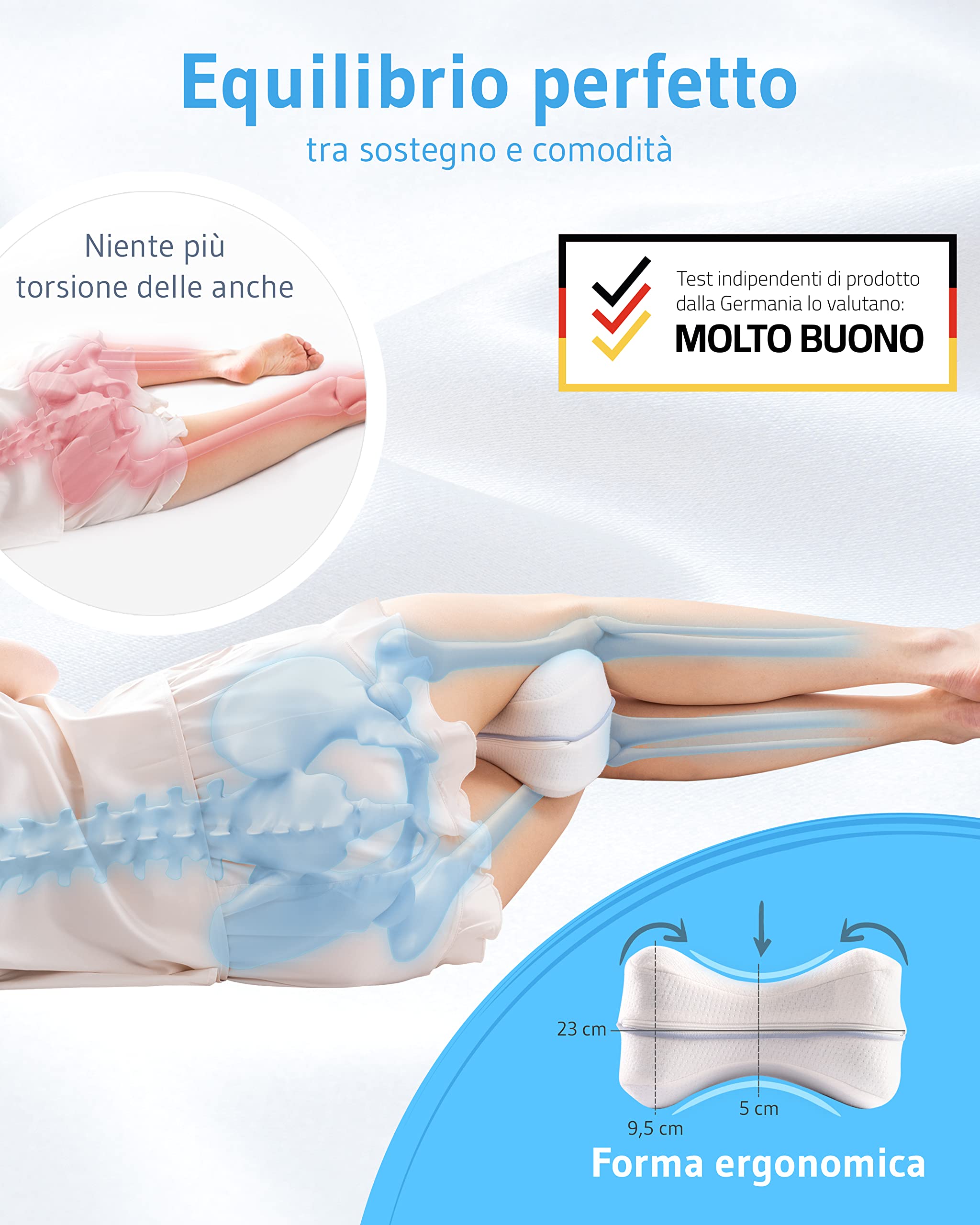 Third of Life Cuscino per gambe e ginocchia ortopedico I per dormire sul fianco senza fastidi I cuscino ergonomico di memory foam viscoelastica I Copertura traspirante, lavabile I 23.5x9.5 cm