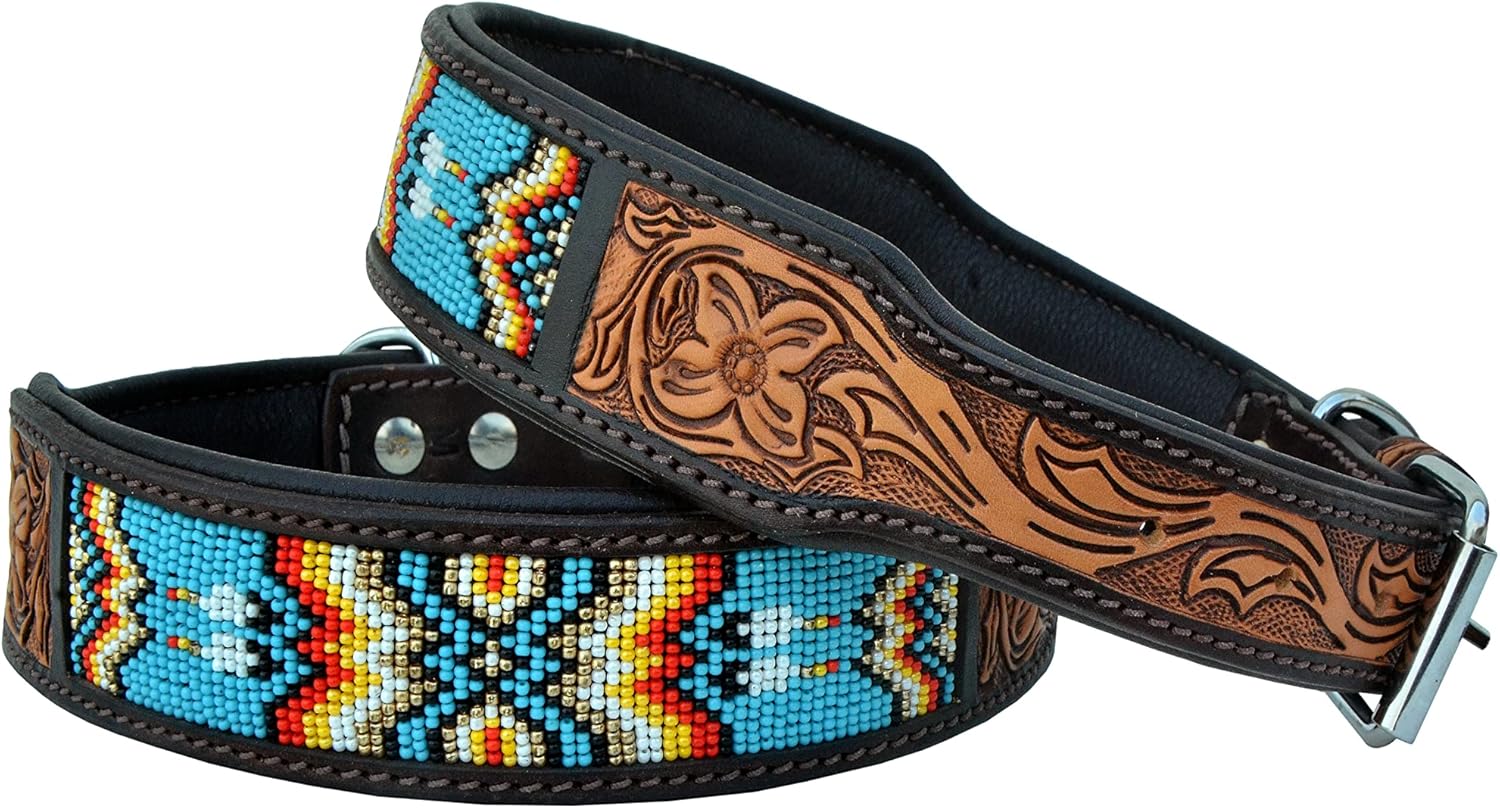 Leather Dog Collar Western Style Heavy Duty Hand Tooled Adjustable Beaded and Padded Soft for Puppies and Big Dogs 10AB011