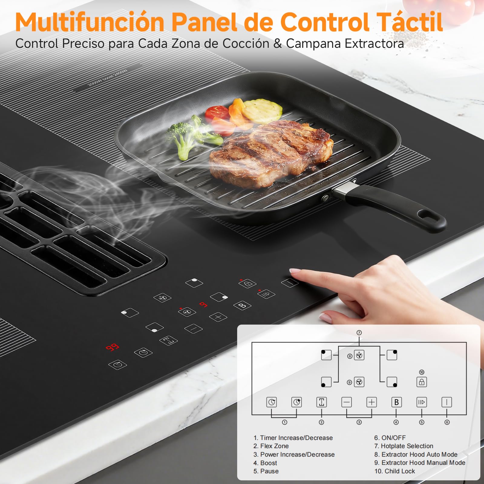 AMZCHEF Placa Inducción con Extractor Integrado, 7200W Placa Induccion 4 Zonas, 650m³/h Ventilación Automática Hob2Hood, 9 Niveles de Potencia, Temporizador & Bloqueo Infantil, Boost & Zona Flexible