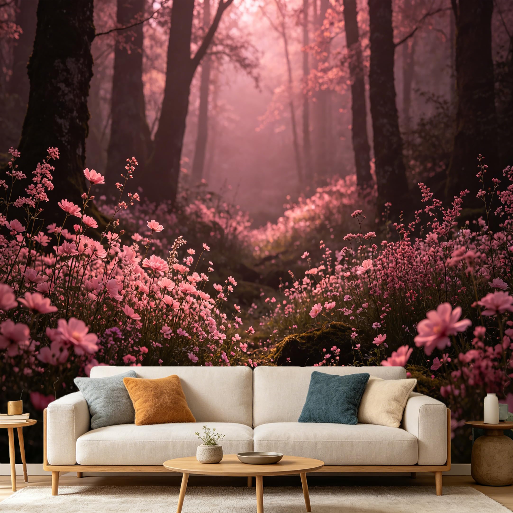 Custom Size Wall Mural Pink Flower Forest Landscape Misty Woodland SelfAdhesive Art Prints wall Fabric(No PVC) Removable Wallpaper Home Bedroom Decor Nature Wall Art