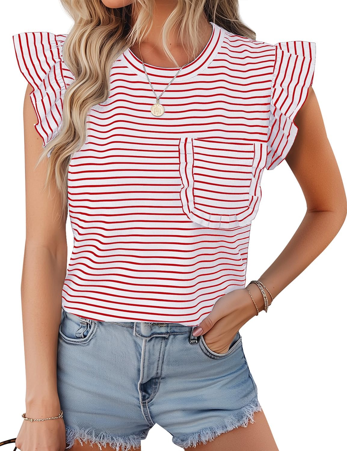 JUSTFASHIONNOW Womens Summer Tops Striped T-Shirts 2026 Ruffle Short Sleeve Crew Neck Casual Blouses with Pocket thumbnail