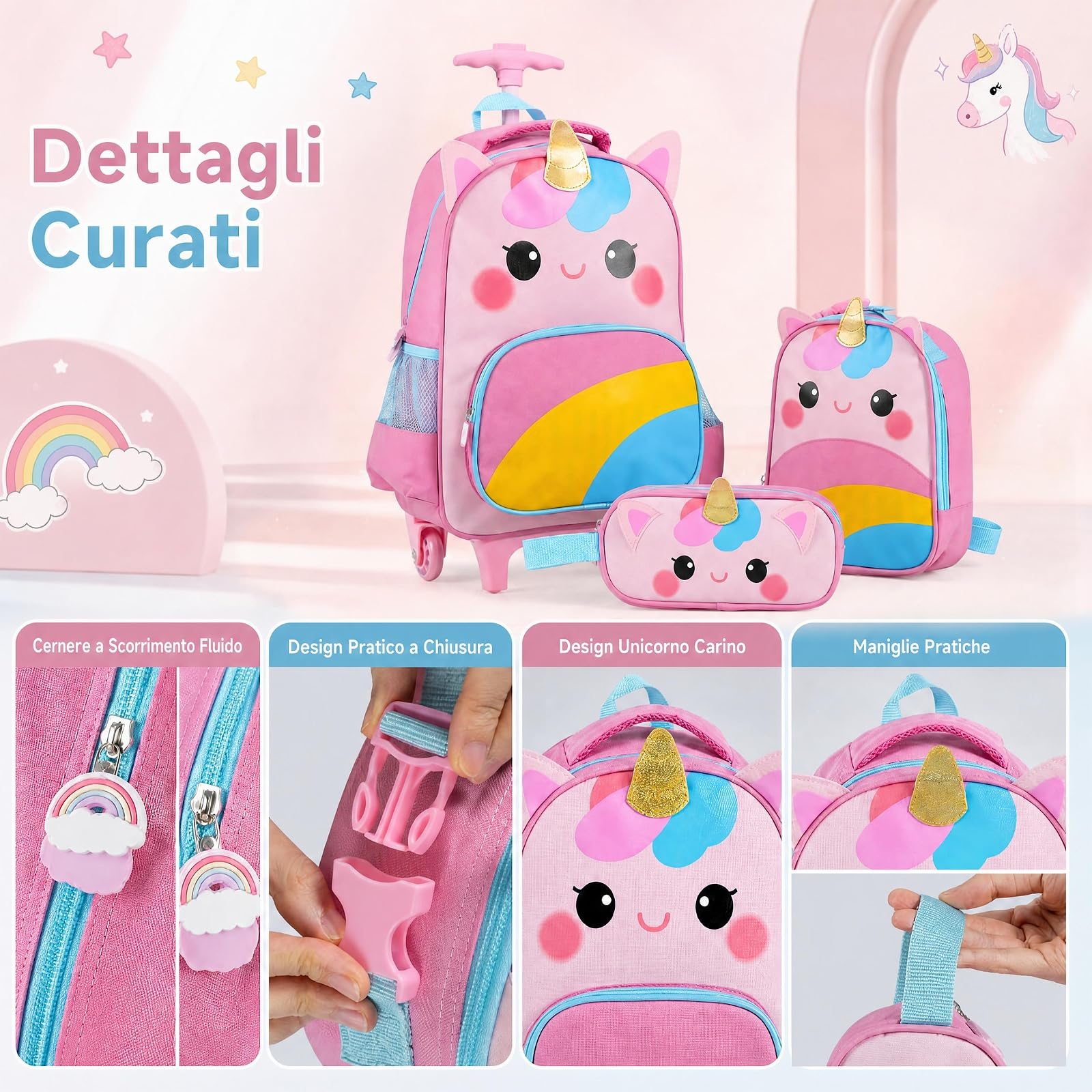 COSTWAY Set di 3 Zaini con Ruote per Bambini 3+ Anni (Modello 2) | 3 in 1 Zaino Trolley da Scuola con Borsa per Pranzo e Astuccio per Matite, Maniglia Retrattile e Portabicchieri Laterale