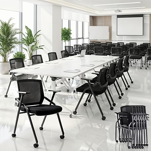 Miniatura 12 de Paquete de 2 sillas apilables para sala de conferencias con remo, silla plegable de escritorio para oficina, respaldo y brazos de malla para Negro