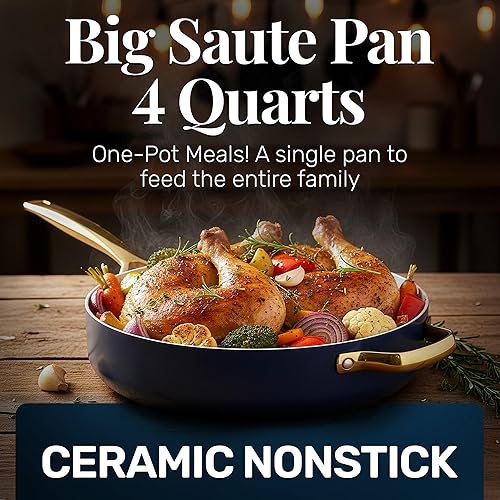 Miniatura 2 de GOTHAM STEEL Sartén para saltear de 4 cuartos con tapa, sartén de 12 pulgadas de profundidad con tapa, sartén antiadherente grande para cocinar,