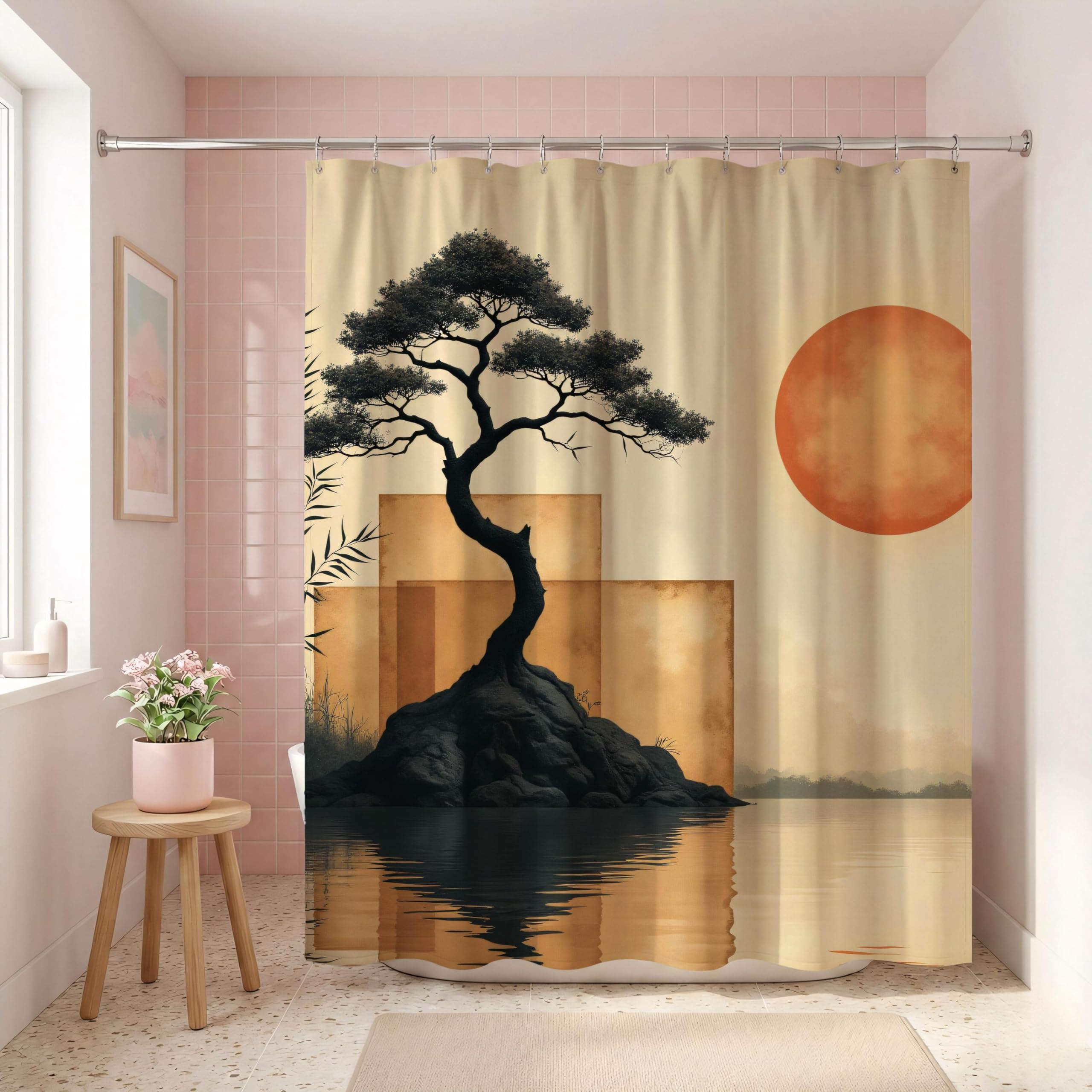 Rideau de Douche Abstrait Japonais à Motif bonsaï avec Crochets, imprimé géométrique Coucher de Soleil, Paysage Beige et Orange (300 x 200 cm / 118 x 79 po (L x H))