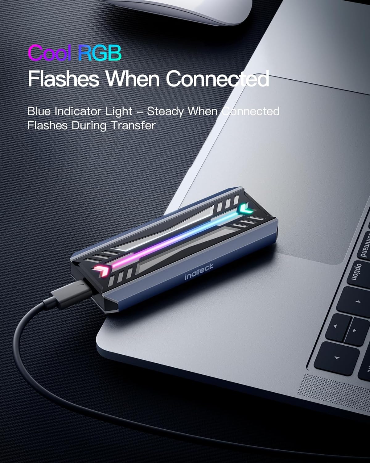 Inateck M.2 NVMe SATA SSD Enclosure with RGB lighting active, connected to a laptop.