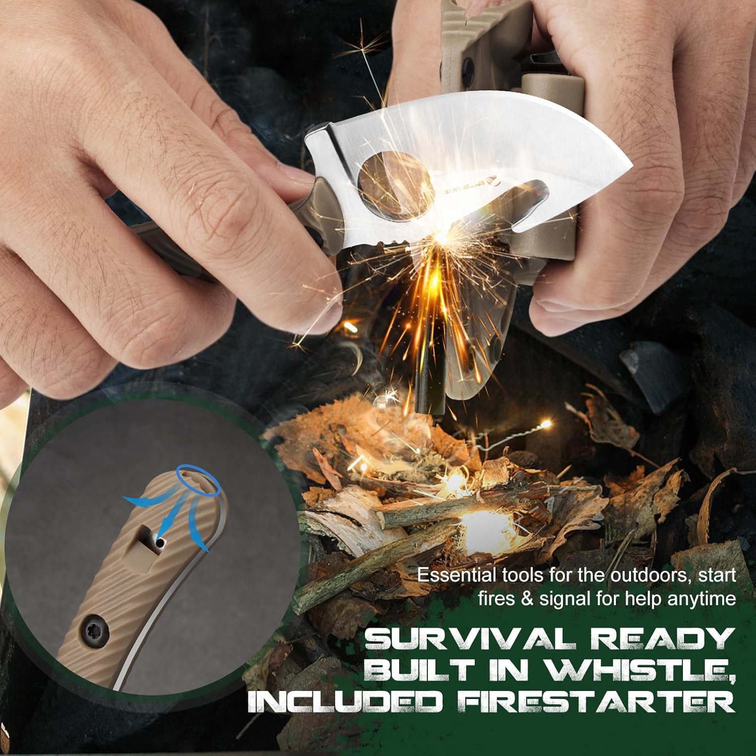 Small Survival Knife with Fire Starter & Whistle HO-YN, Hunting Knife with Necklace and Rotating Clip, 5Cr14MoV Steel Blade - Image 2
