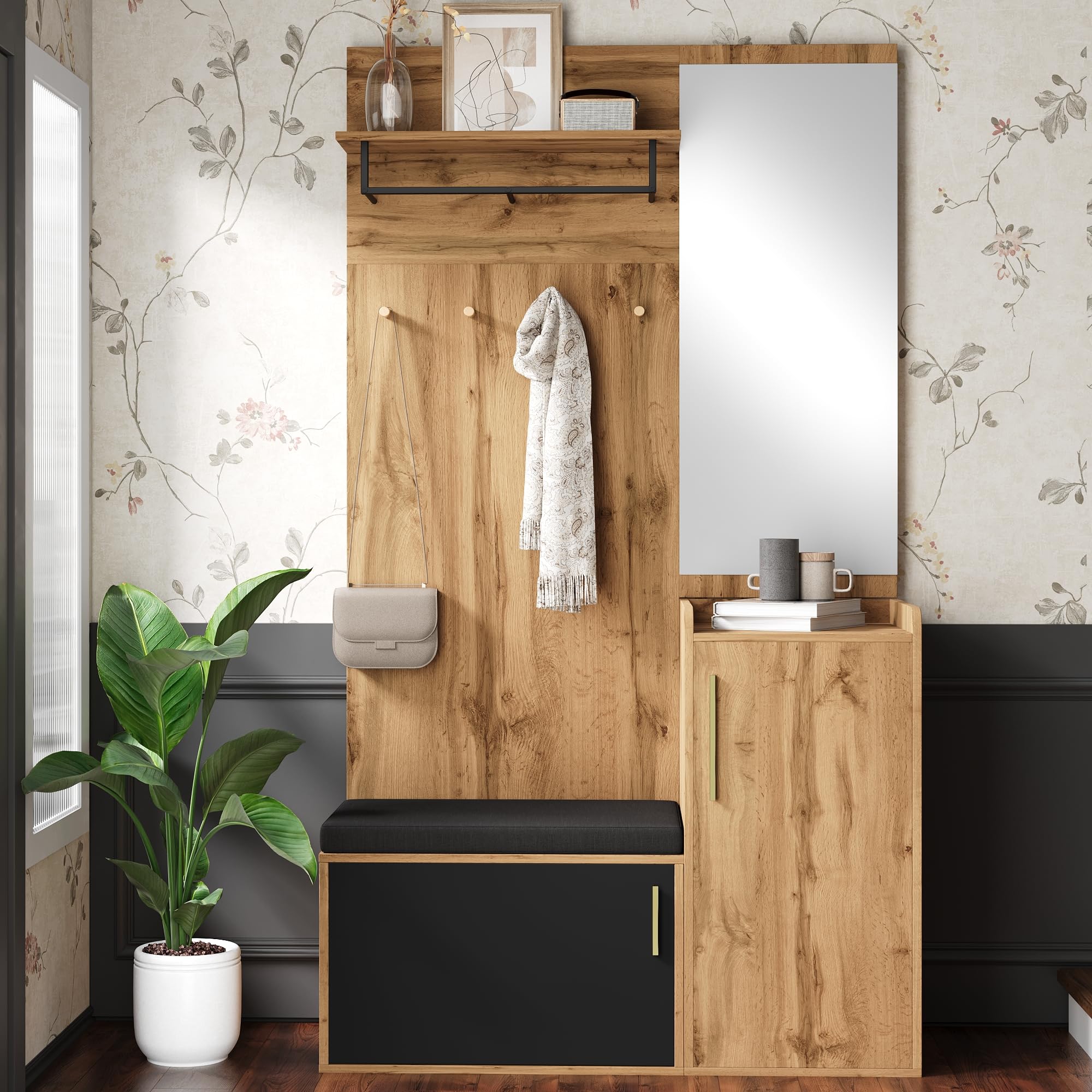 Kompaktgarderobe mit Spiegel und Sitzbank 100x38x185 cm Holzoptik Flurgarderobe Set