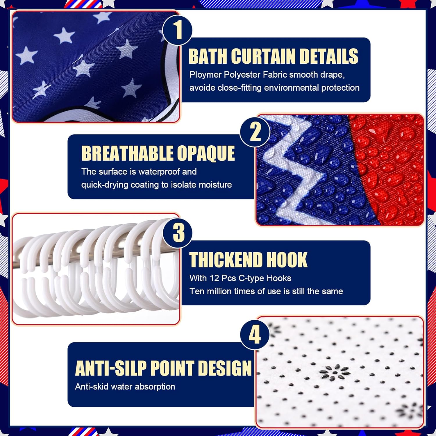 Nuanchu 6 Pcs Patriotic Shower Curtain Set with Rug 4th of July Star Bathroom Sets with Shower Curtain Bath Mat U Shaped Mat Toilet Lid Cover 2 Bath Towels and 12 Hooks Independence Day Bathroom Decor